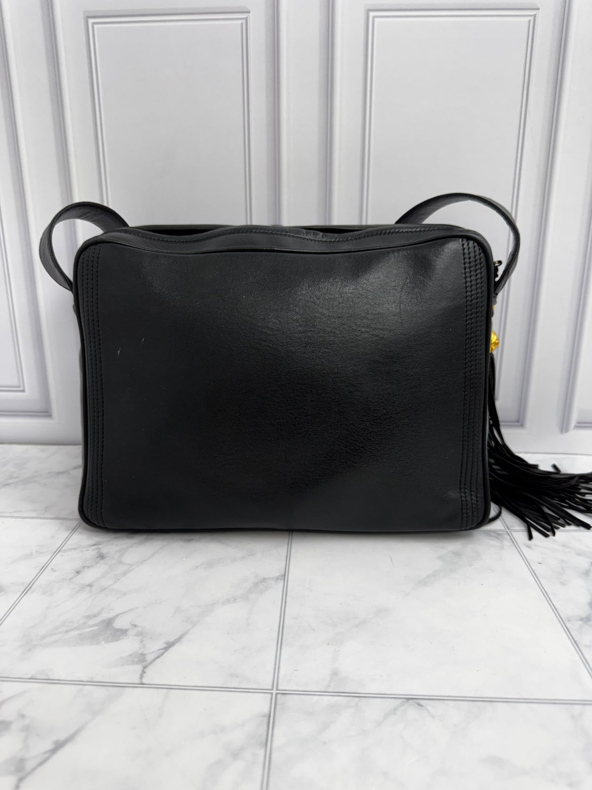 Chanel Black Calfskin Leather Vintage Coco Mark Tassel Large Shoulder Bag