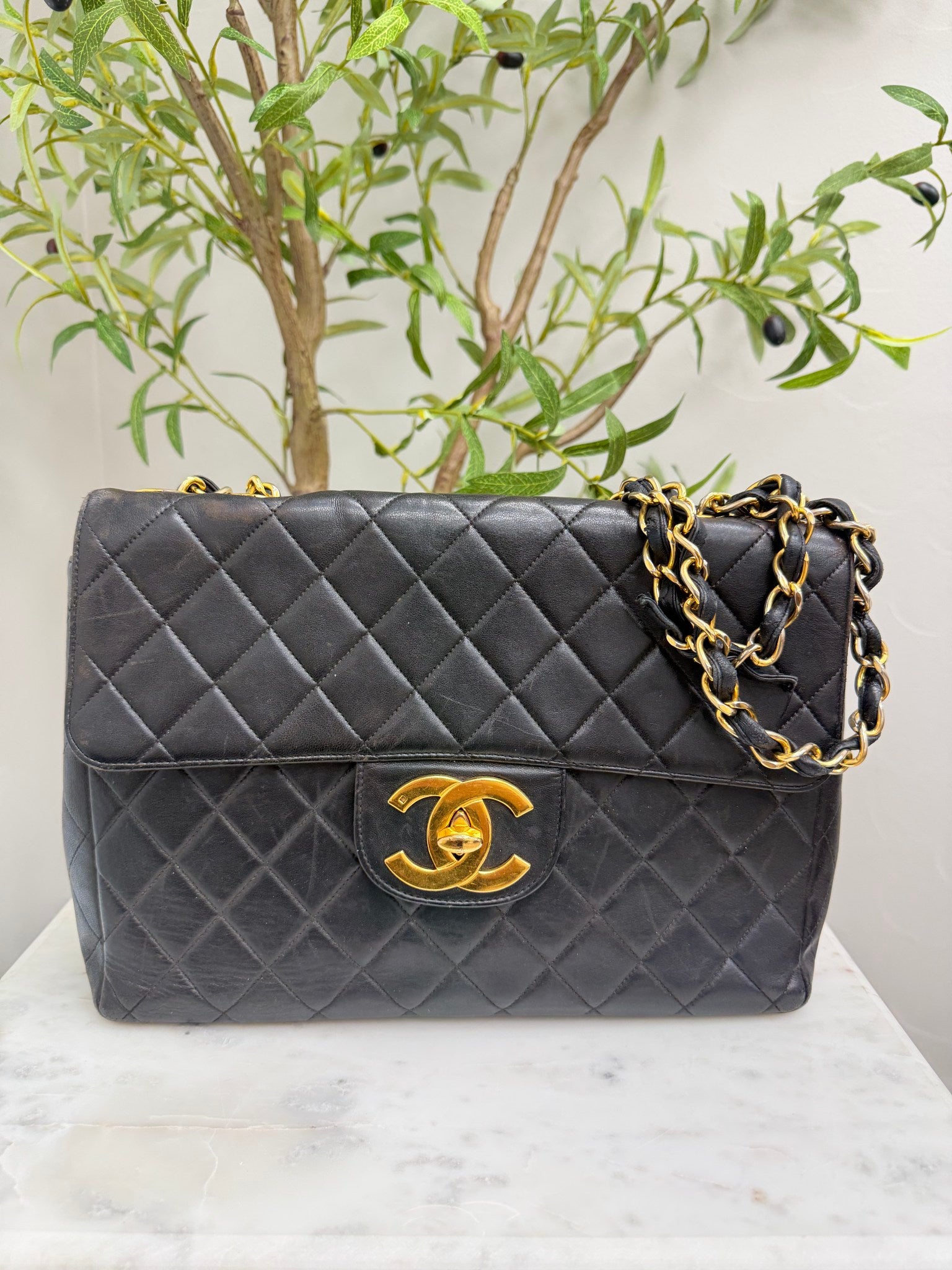 Chanel Vintage Black Leather Jumbo Classic Flap Bag