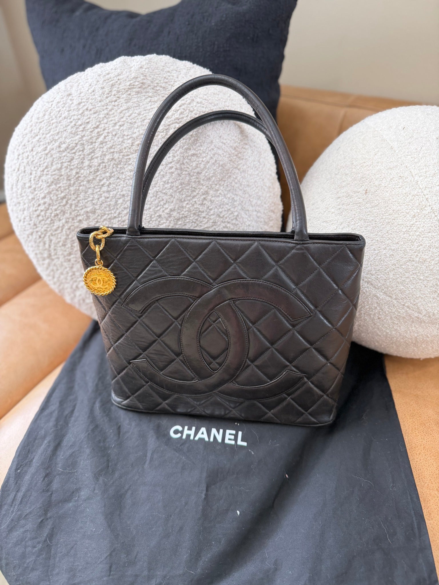 Chanel Vintage Black Quilted Calfskin Medallion Shoulder Bag