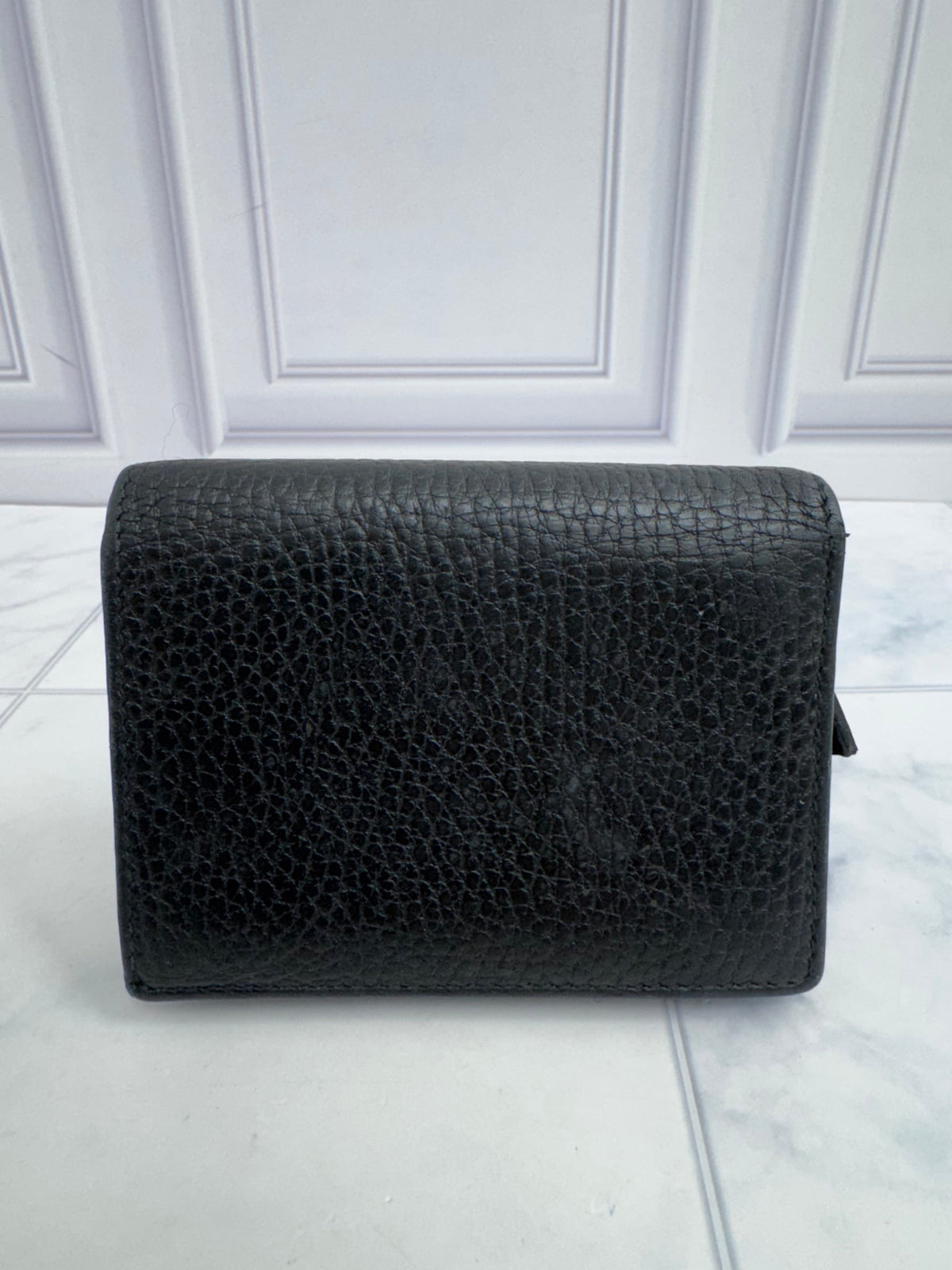 Gucci Black Grained Leather GG Marmont Compact Wallet