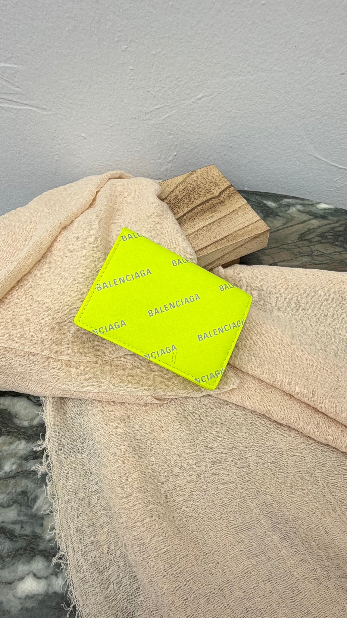 Balenciaga Neon Yellow Leather Trifold Compact Wallet