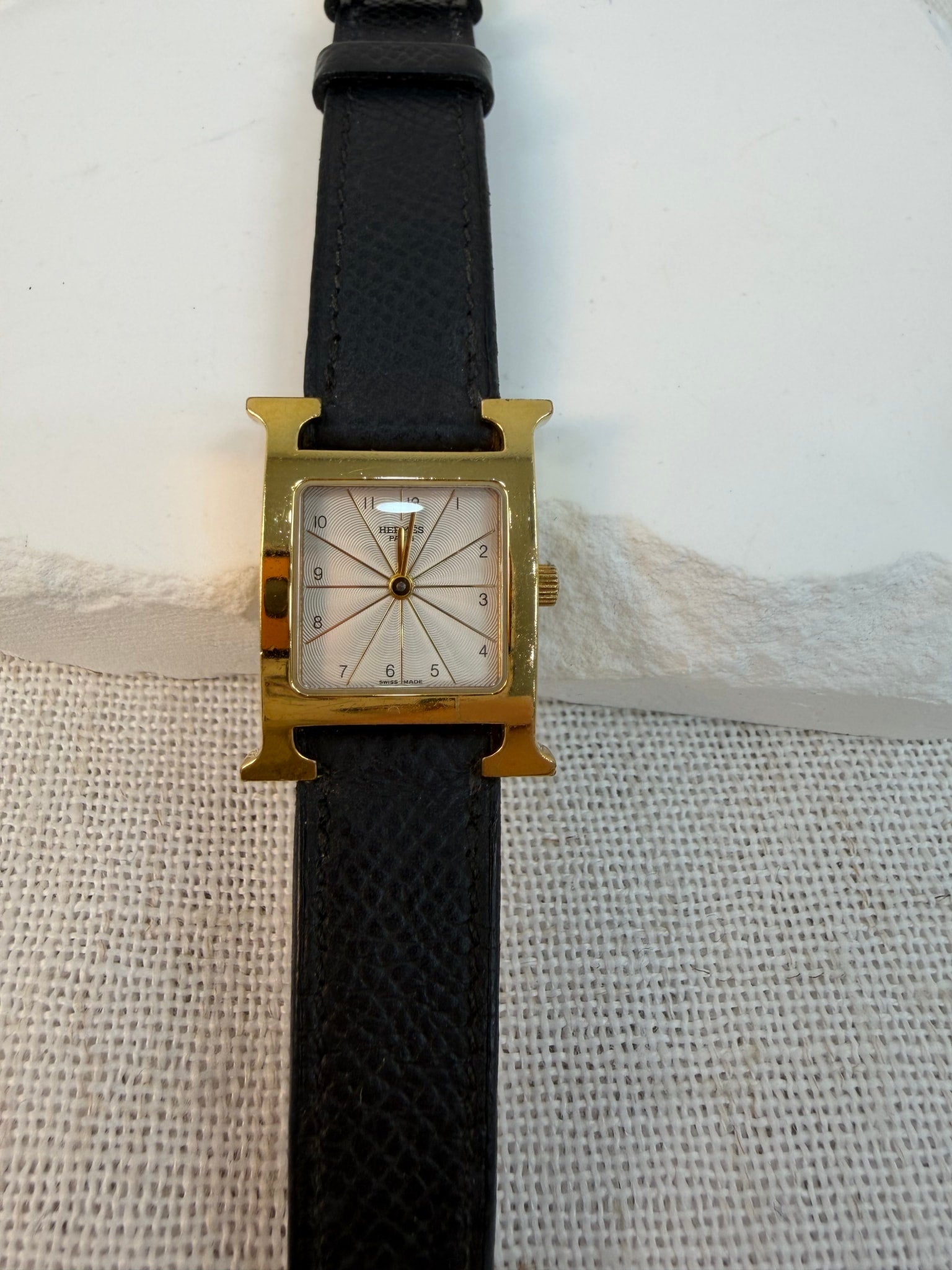 Hermes Gold And Black Leather Heure H Watch