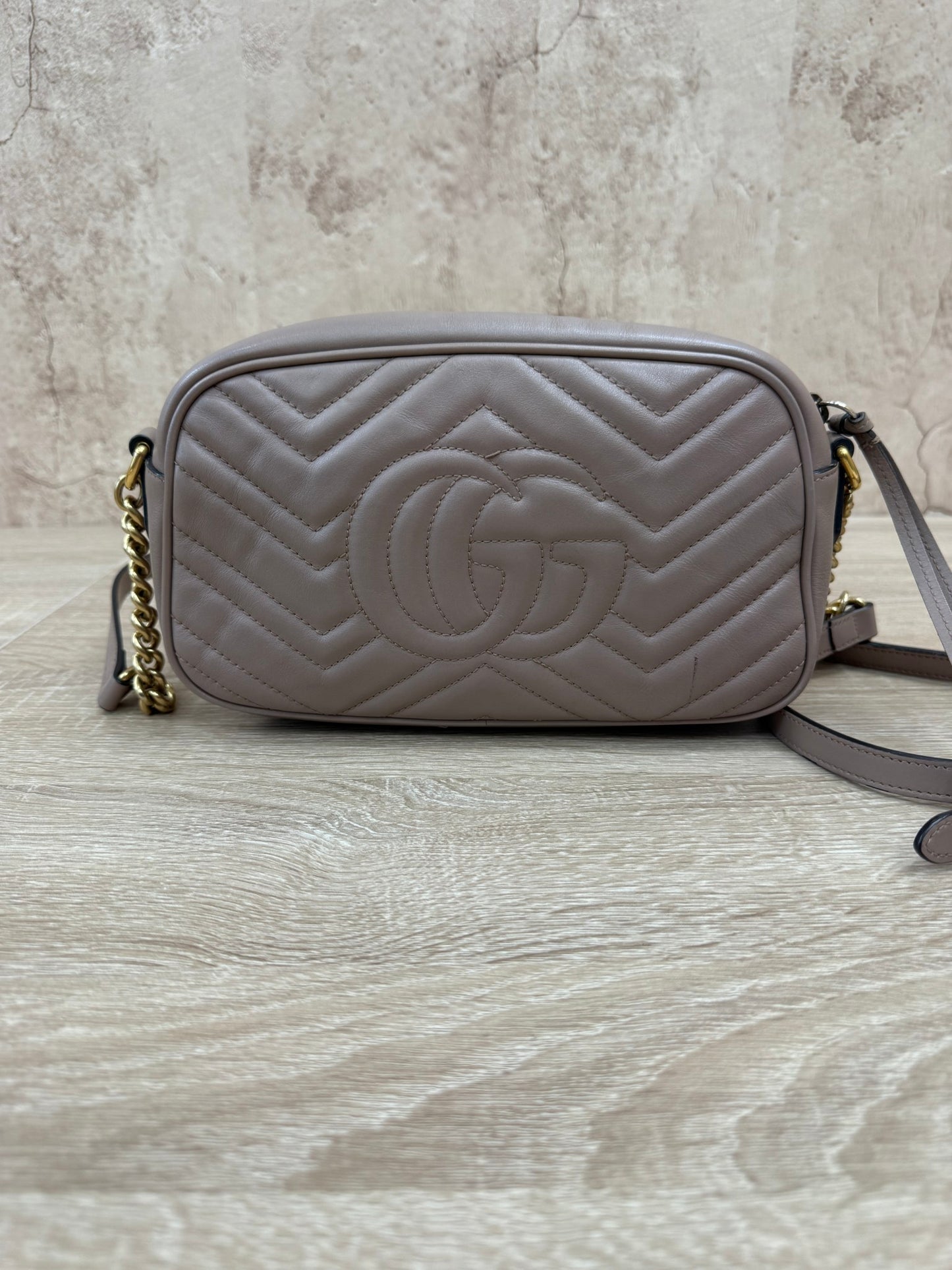 Gucci Porcelain Rose Calfskin Small Marmont Chain Shoulder Bag