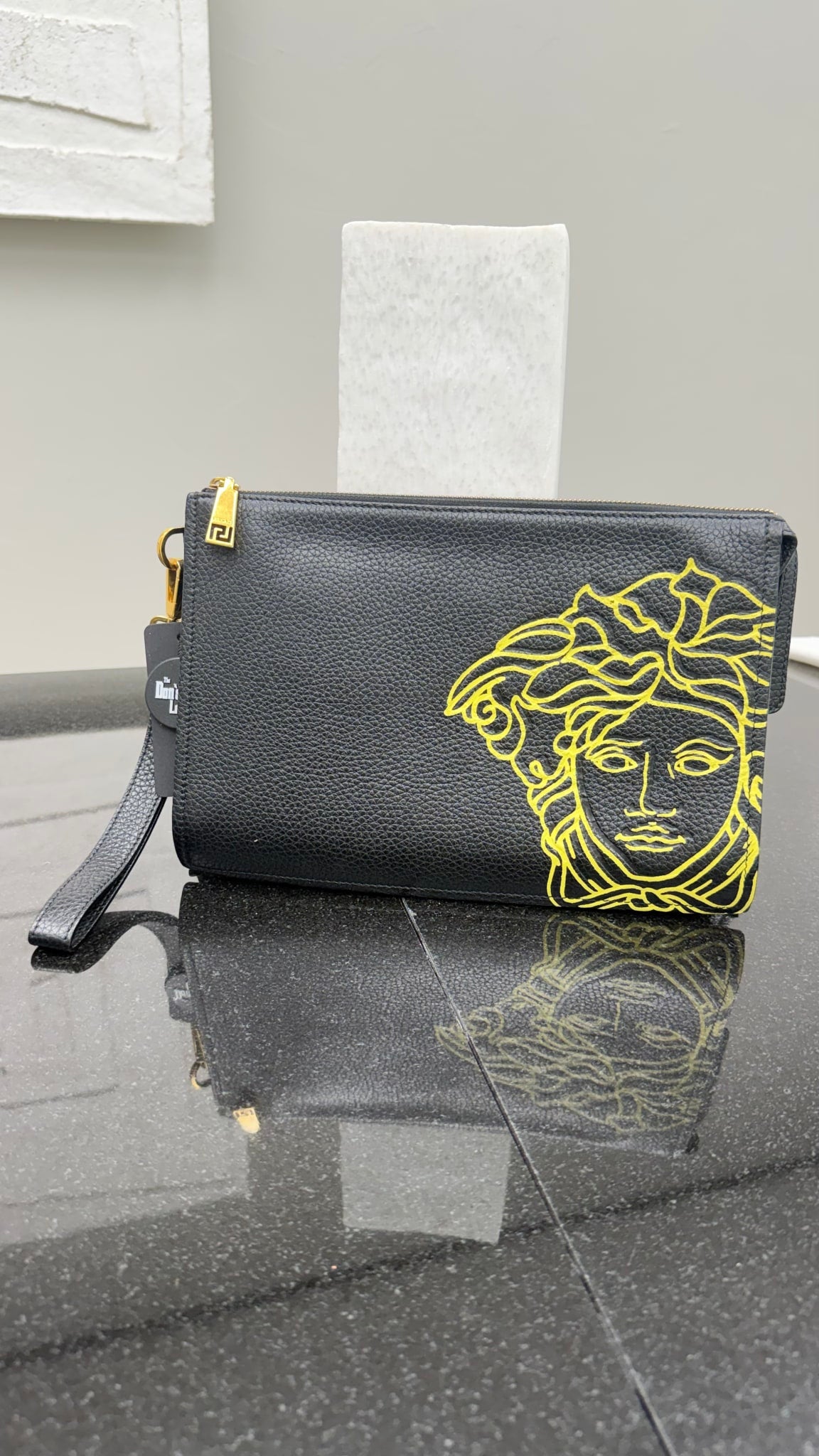Versace Black Pebbled Leather Yellow Embossed Medusa Clutch