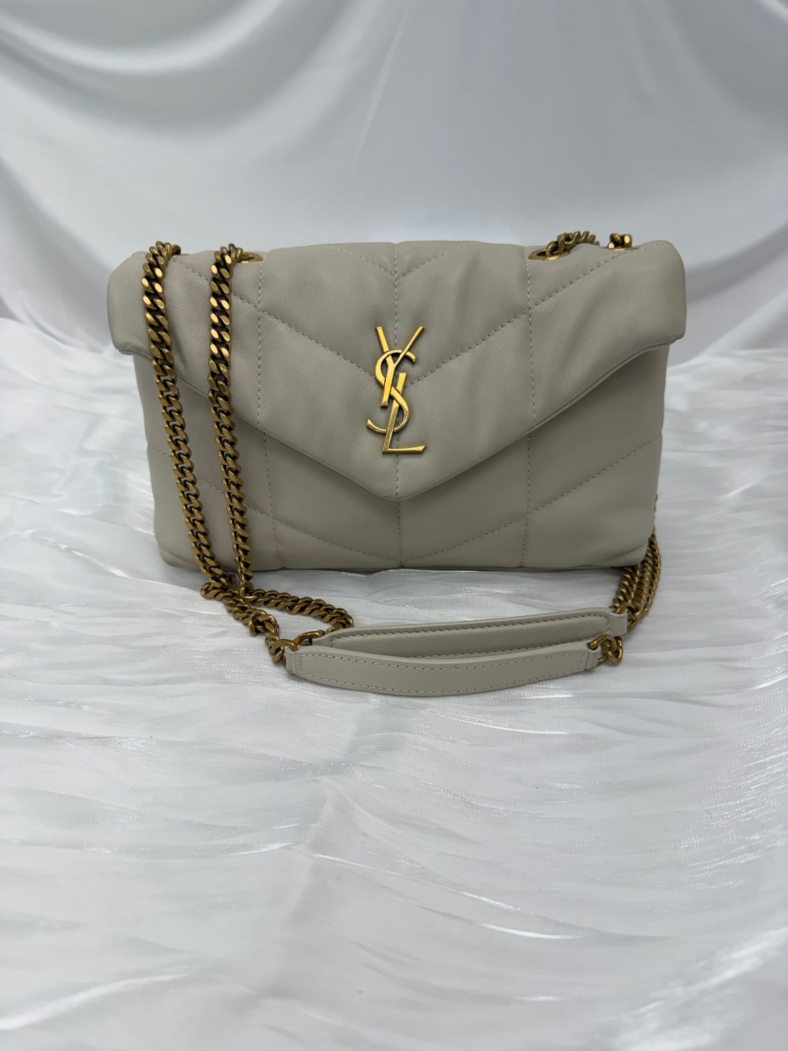 Saint Laurent YSL Beige Lambskin Quilted Toy Loulou Puffer Chain Satchel