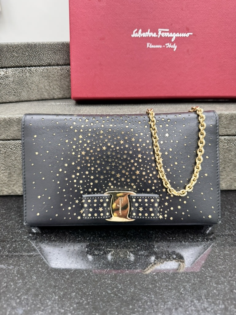 Salvatore Ferragamo Black Leather And Gold Perforated Stars Vara Wallet On A Chain
