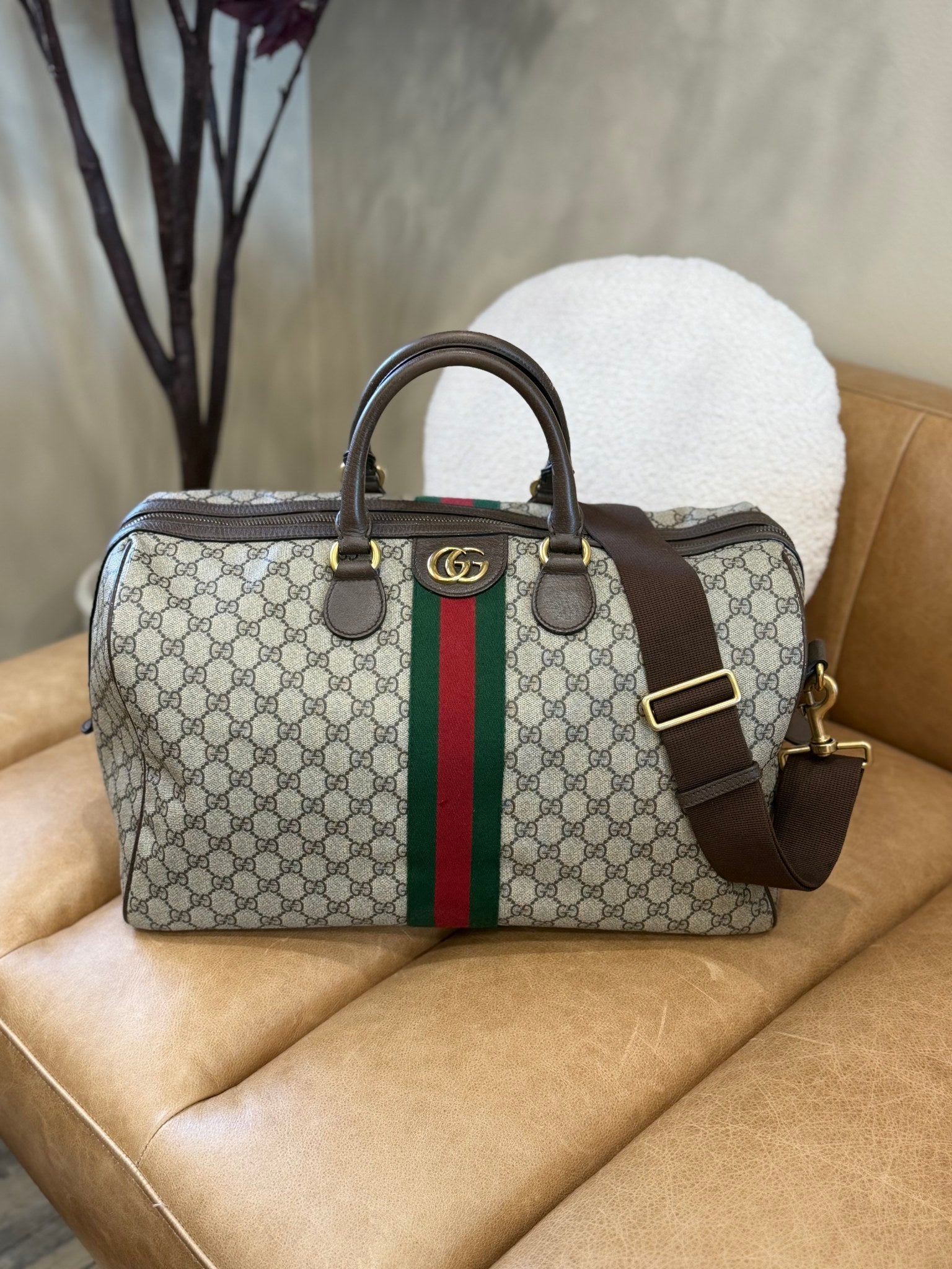 Gucci GG Brown Coated Canvas Ophidia Medium Duffle Bag