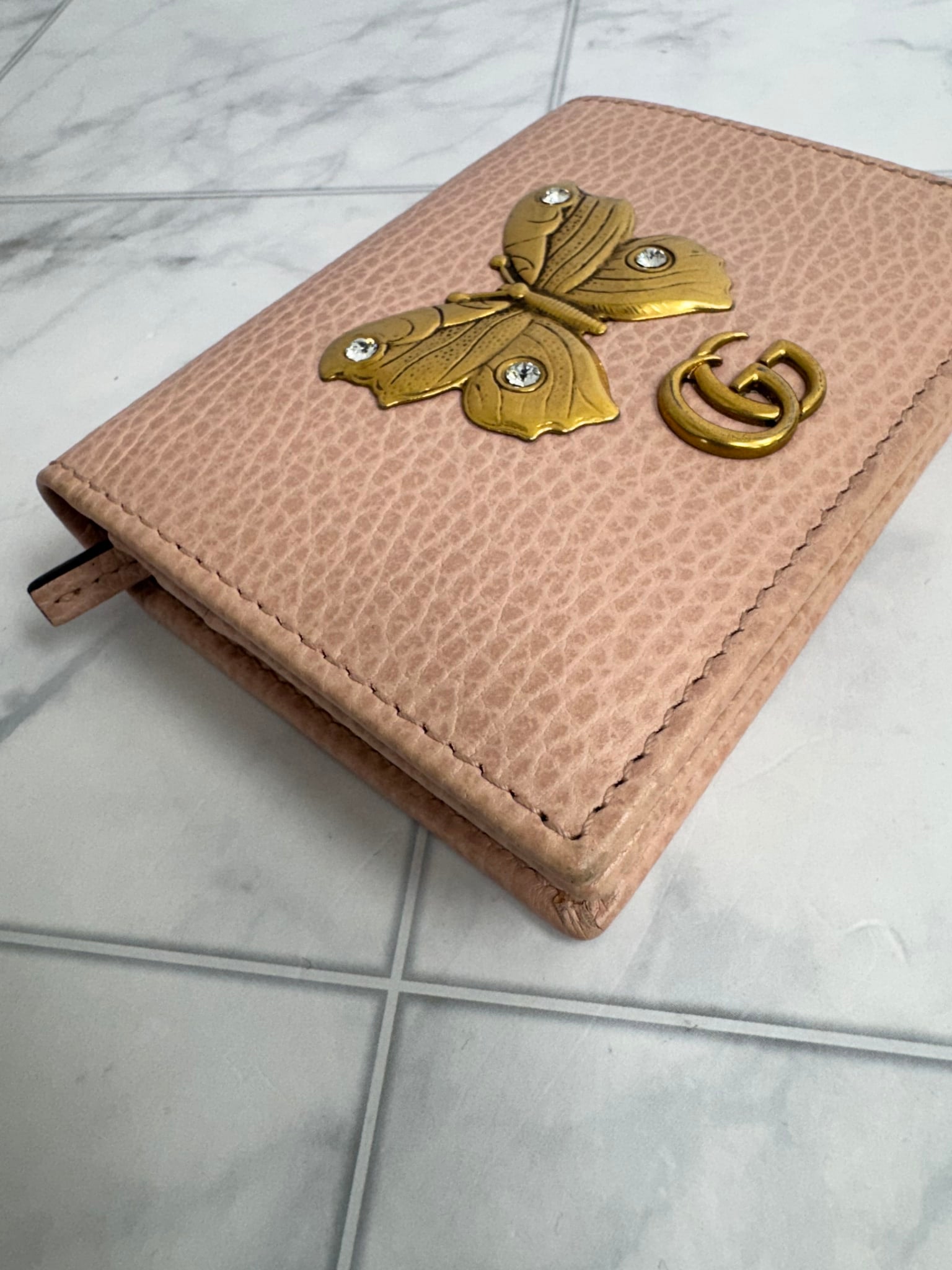 Gucci Pink Grained Leather Butterfly Compact Wallet