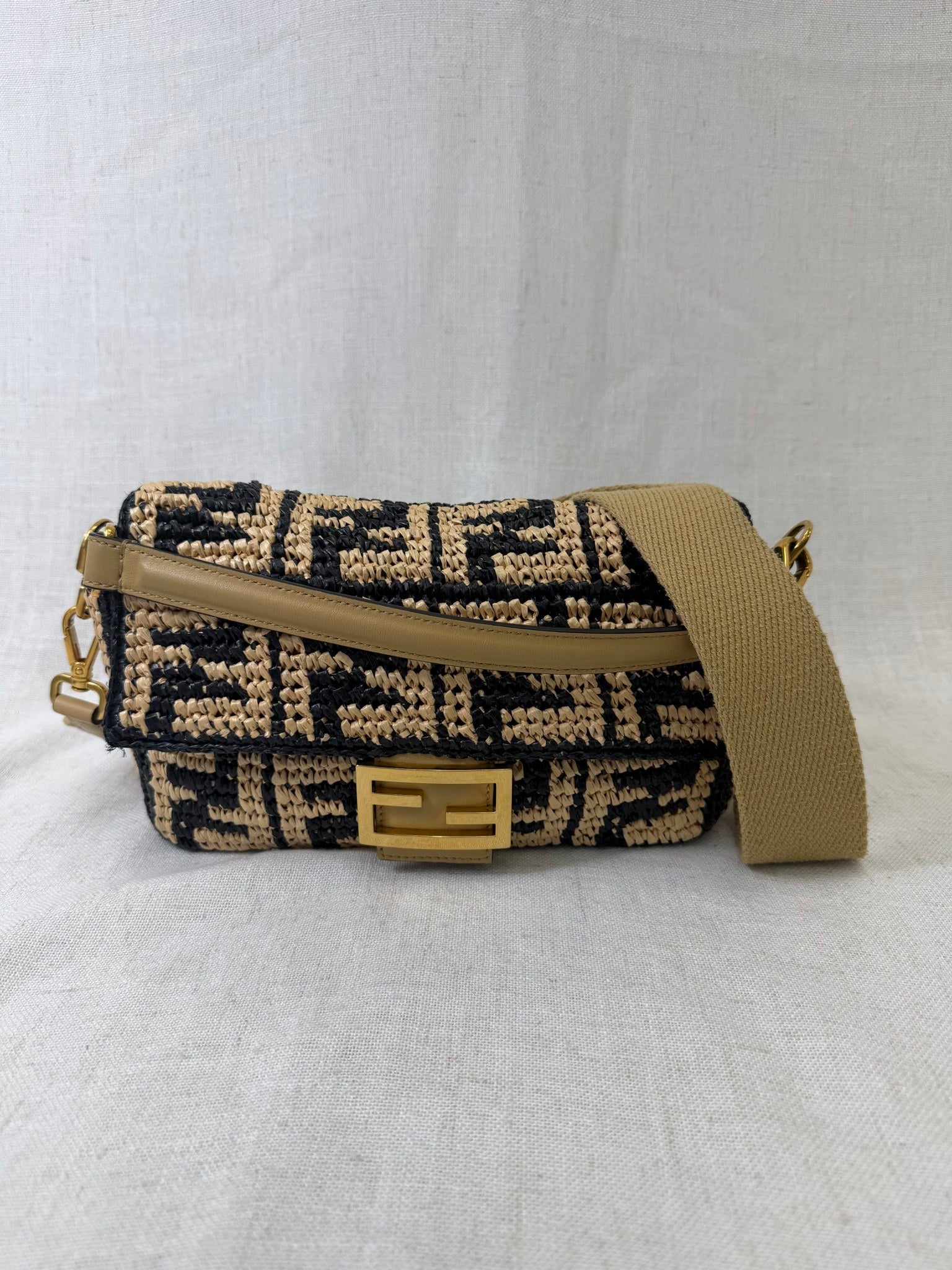 Fendi Navy And Tan Raffia FF Vitello Grace Baguette Handbag