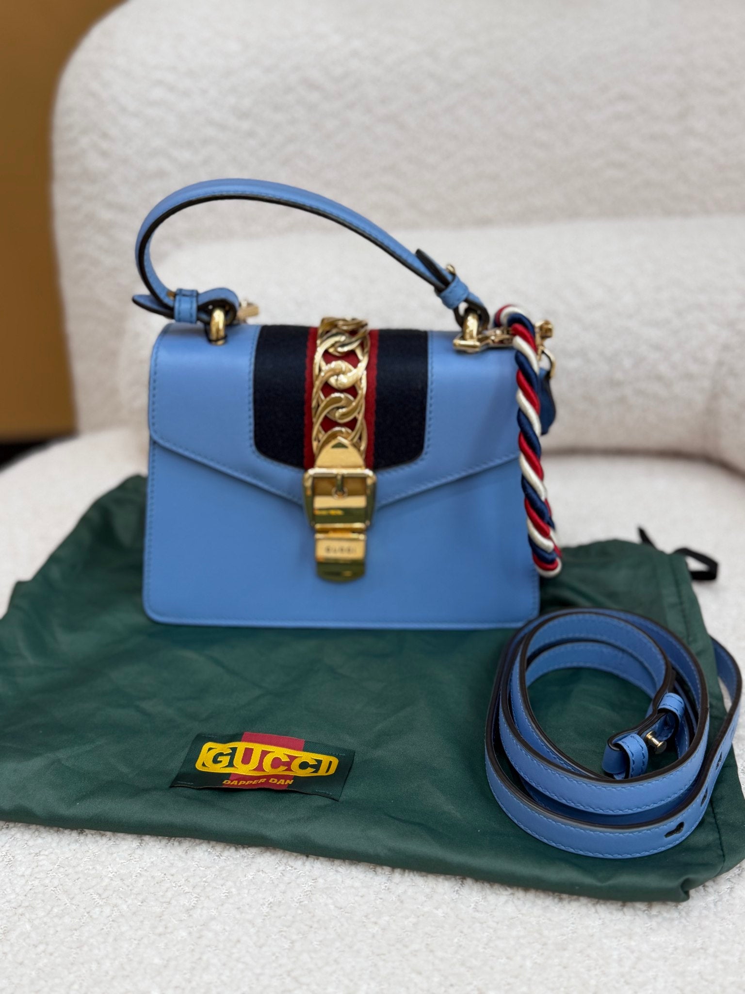 Gucci Blue Leather Sylvie Mini Top Handle Bag