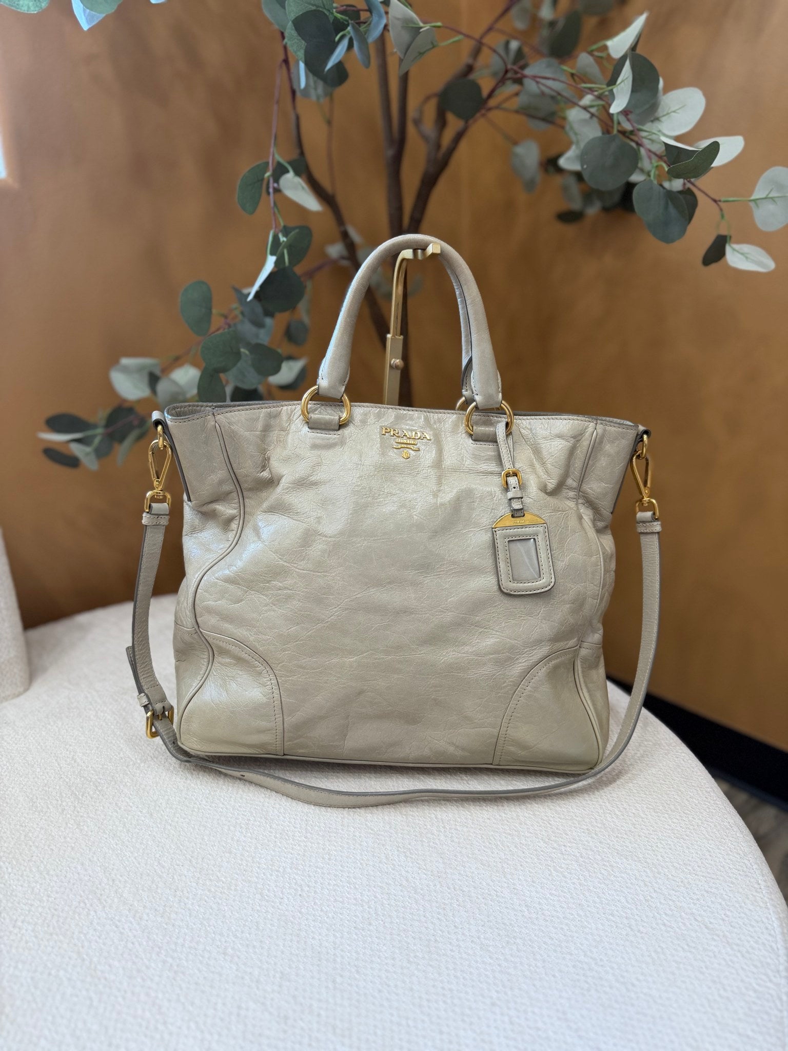 Prada Beige Crinkle Shine Leather 2way Tote Bag