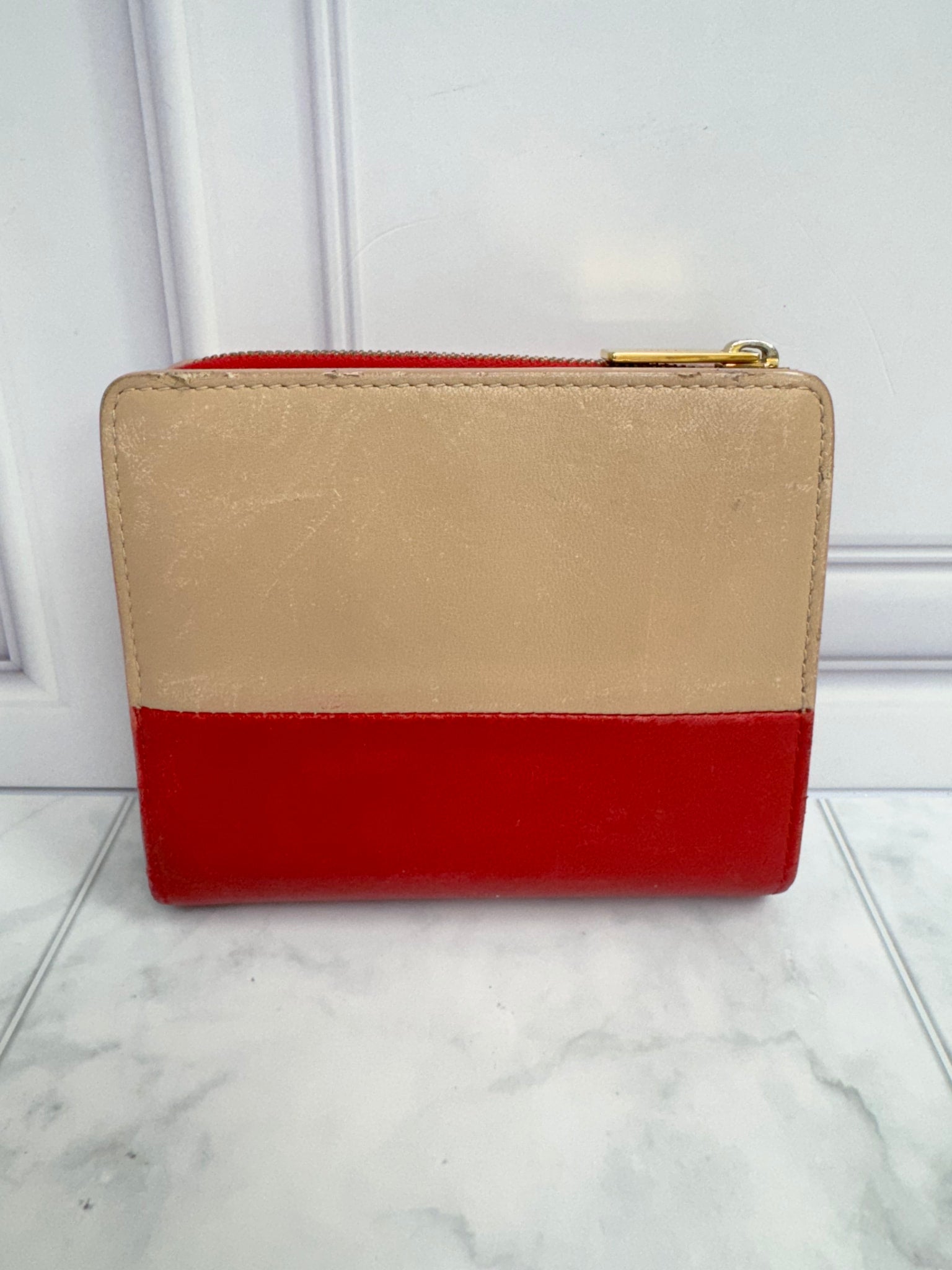 Celine Red And Nude Leather Compact Wallet