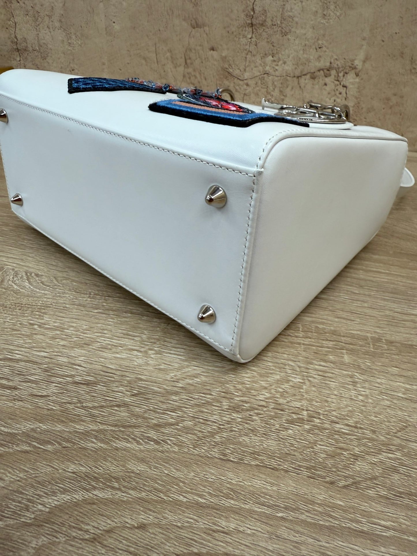 Christian Dior White Leather Patch Embellished Medium Lady Dior