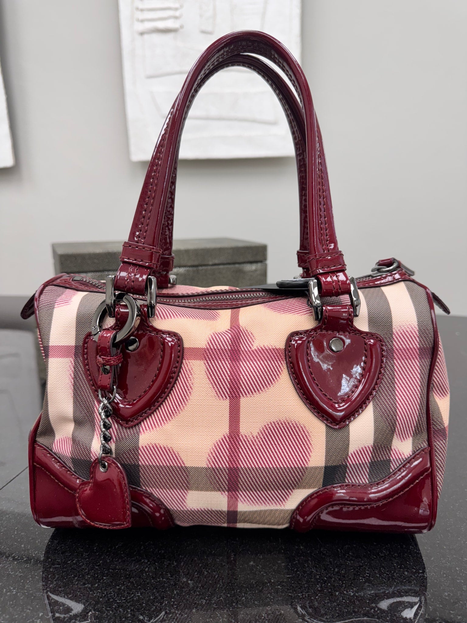 Burberry Burgundy Hearts House Check With Patent Leather Boston Bag