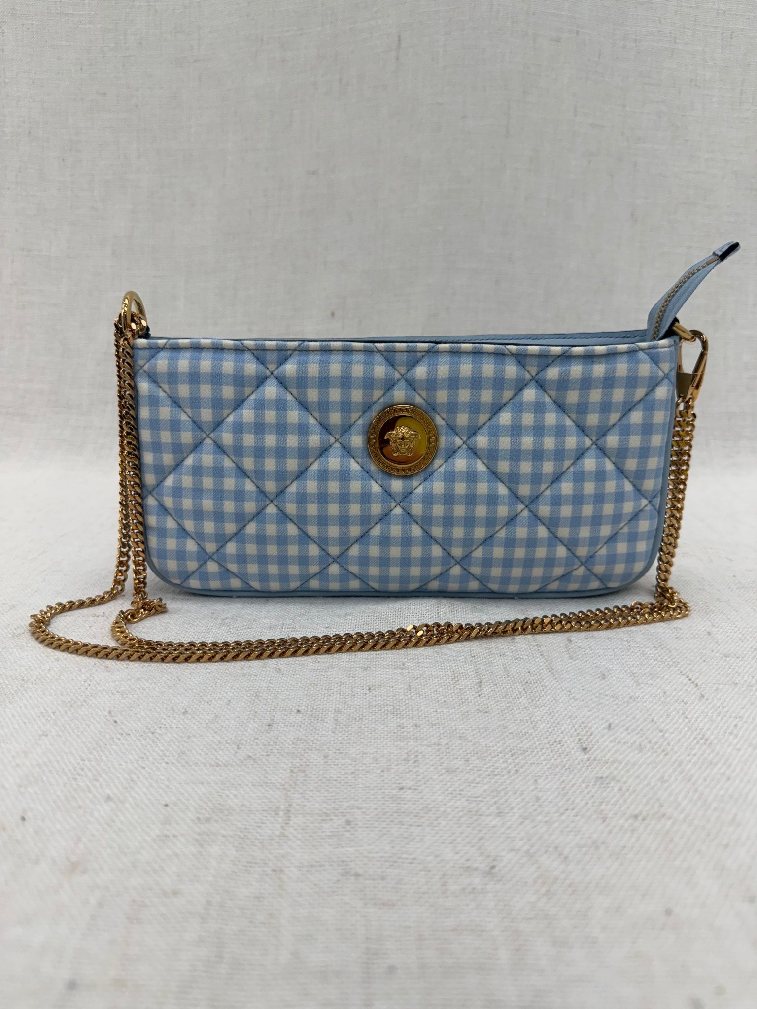 BRAND NEW- Versace Blue Gingham Canvas Pochette Crossbody