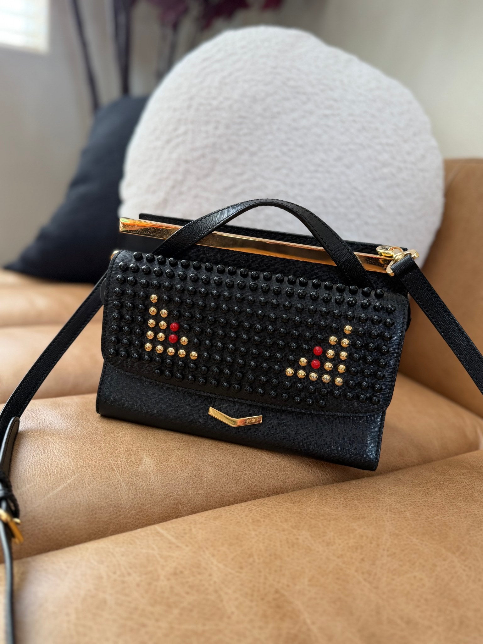 Fendi Black Leather Sttudded Monster 2Way Bag