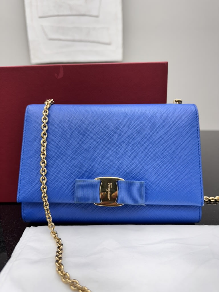 Salvatore Ferragamo Blue Coated Canvas Chain Shoulder Bag