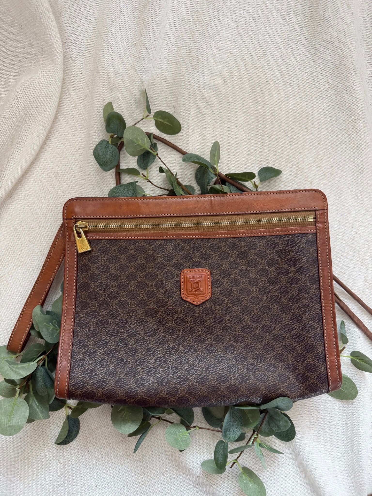 Celine Brown Canvas Macadam Travel Puch Bag