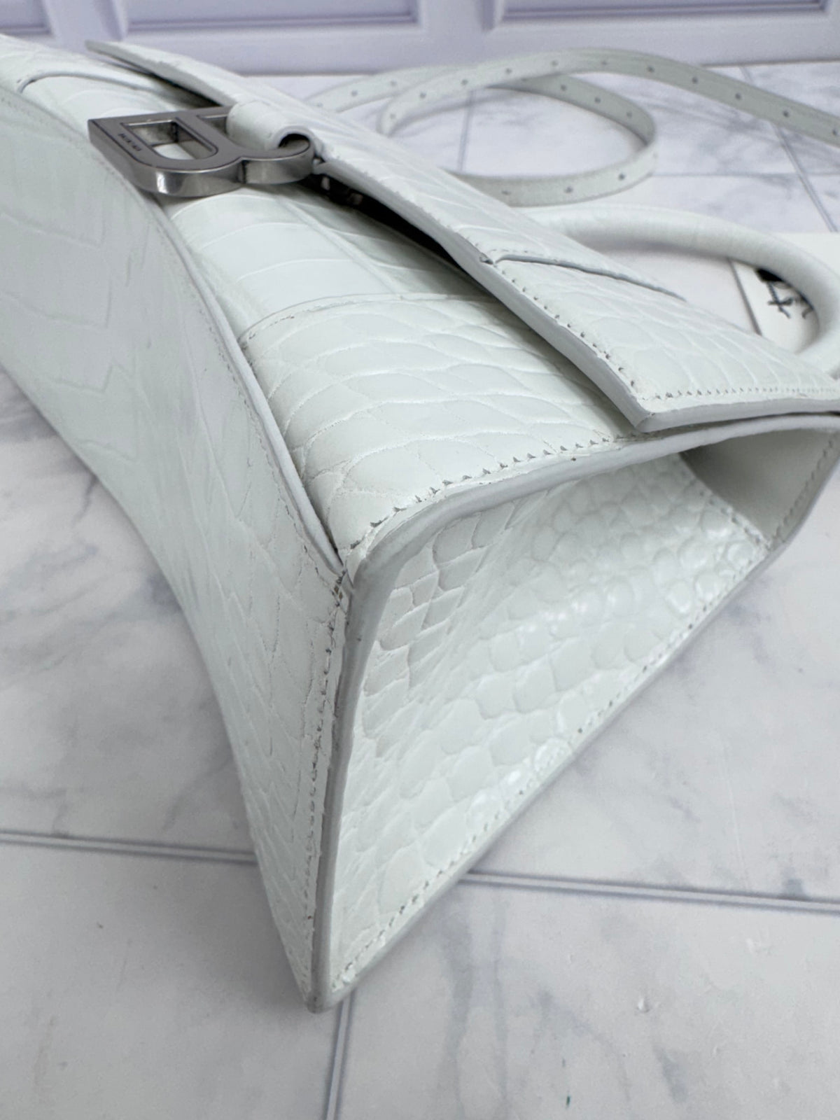 Balenciaga White Croc Embossed Hourglass Top Handle Bag