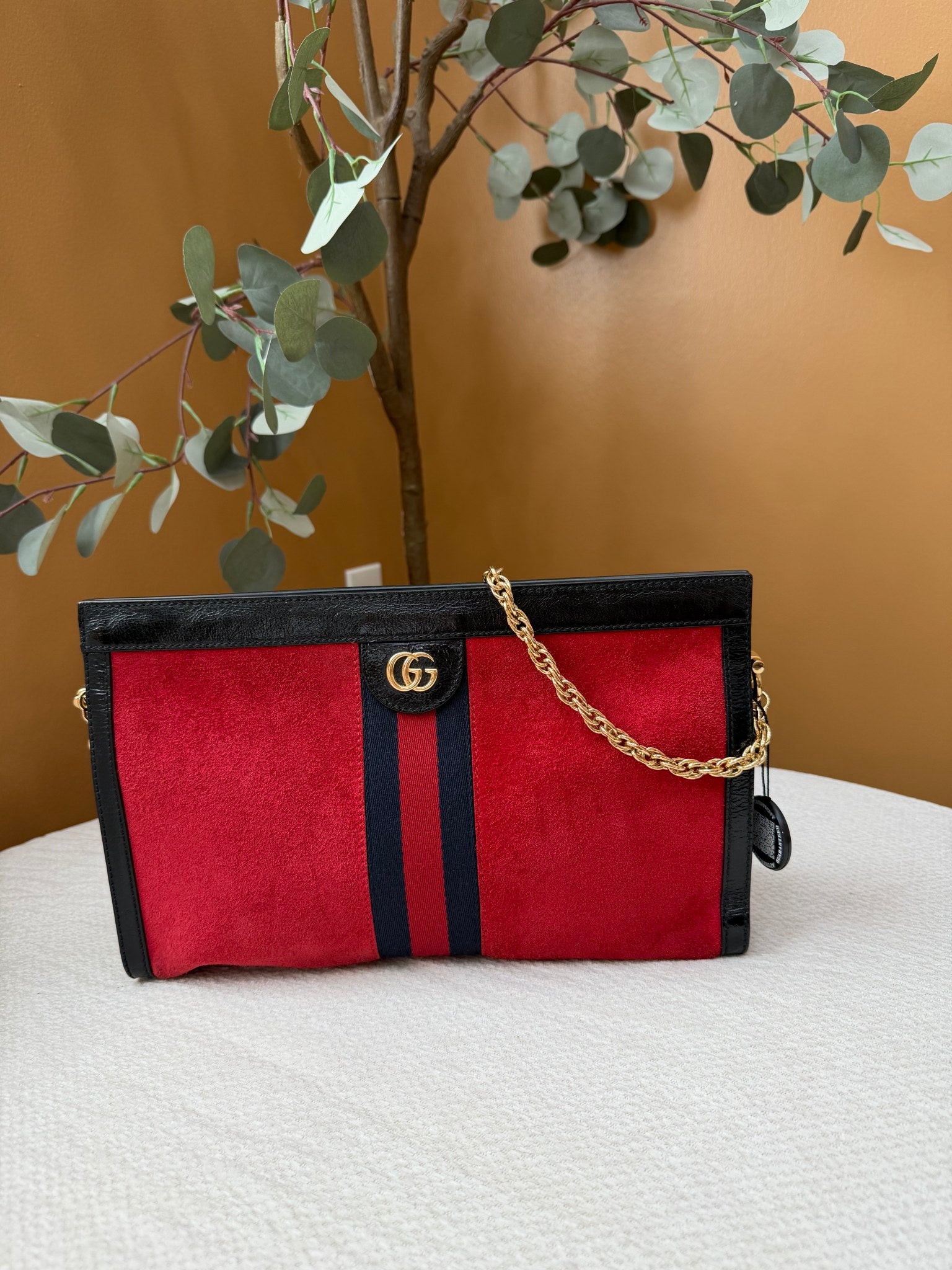 Gucci Red Suede And Black Patent Leather Double G Ophidia Small Shoulder Bag