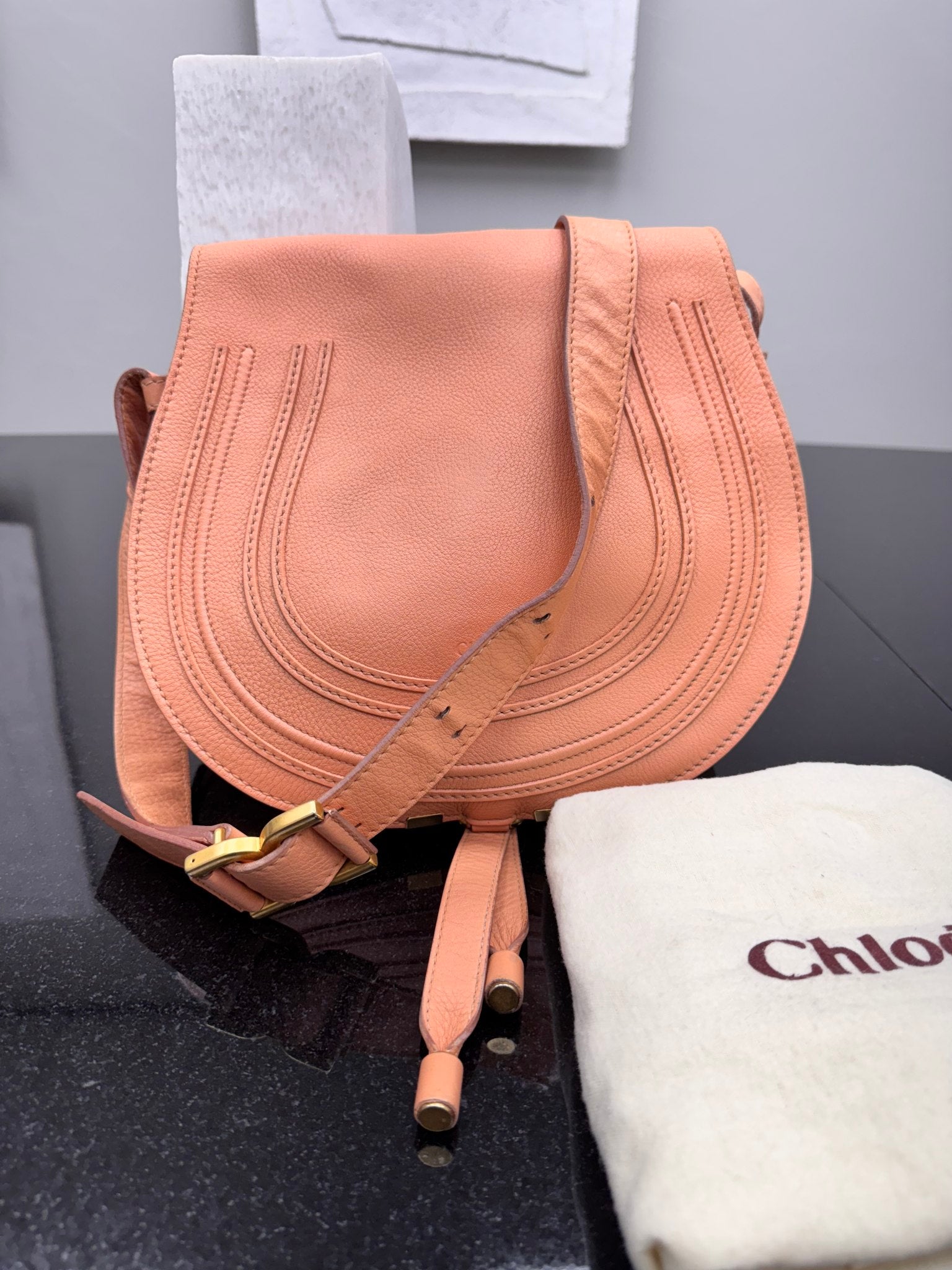 Chloe Peach Grained Leather Marcie Medium Crossbody Saddle Bag