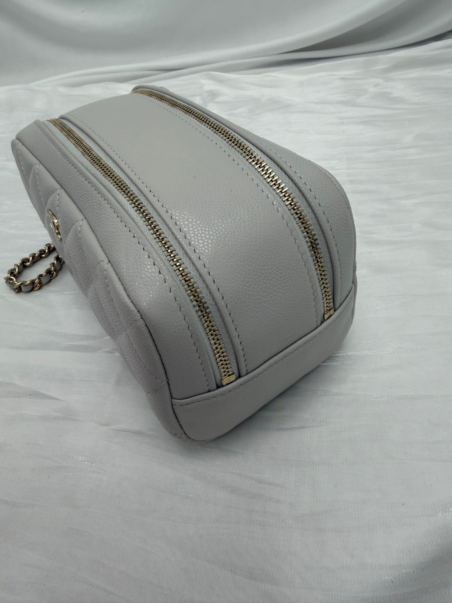 BRAND NEW- Chanel Gray Quilted Caviar Double Zip Cosmetic Case