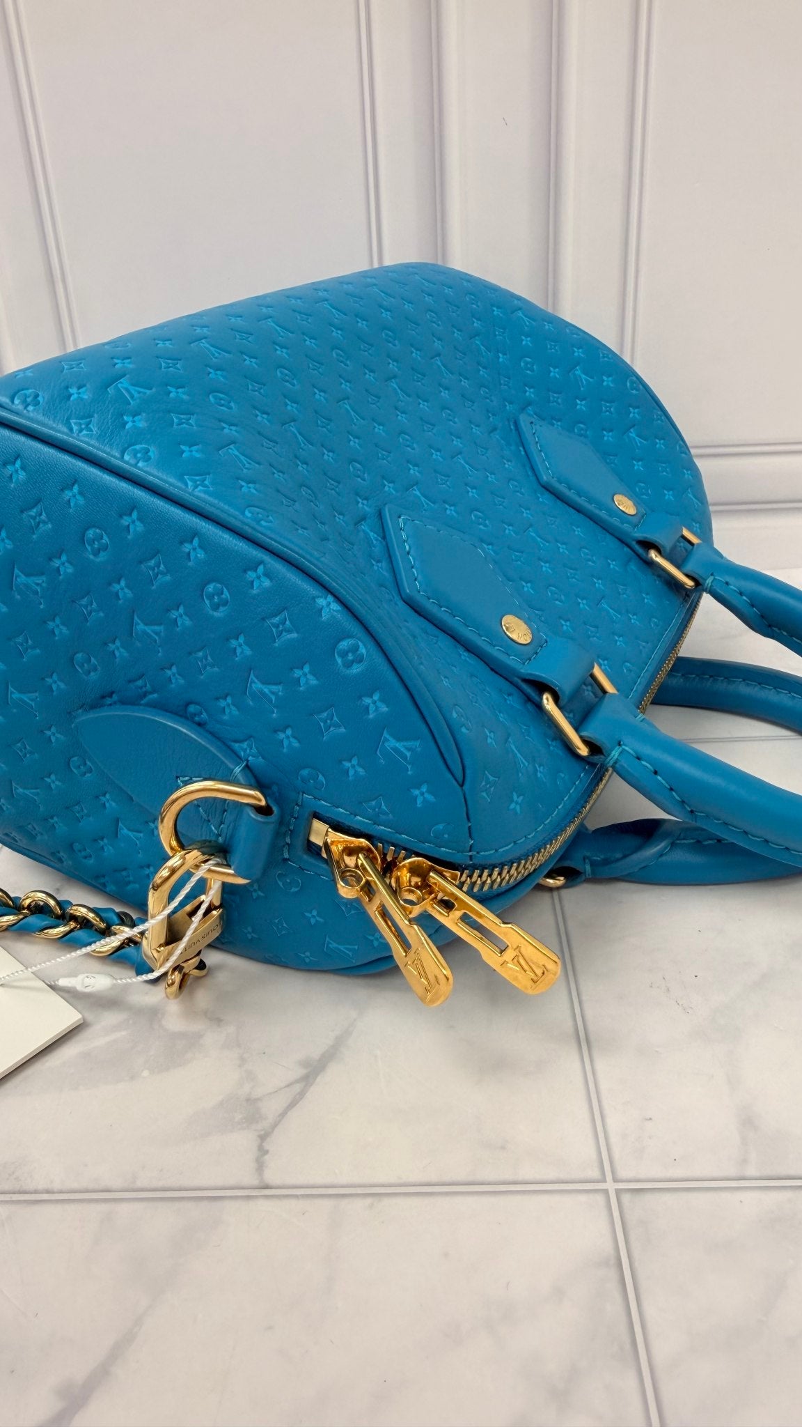 LIKE NEW - Louis Vuitton Bright Blue Calfskin Nanogram Embossed Speedy Bandouliere 20