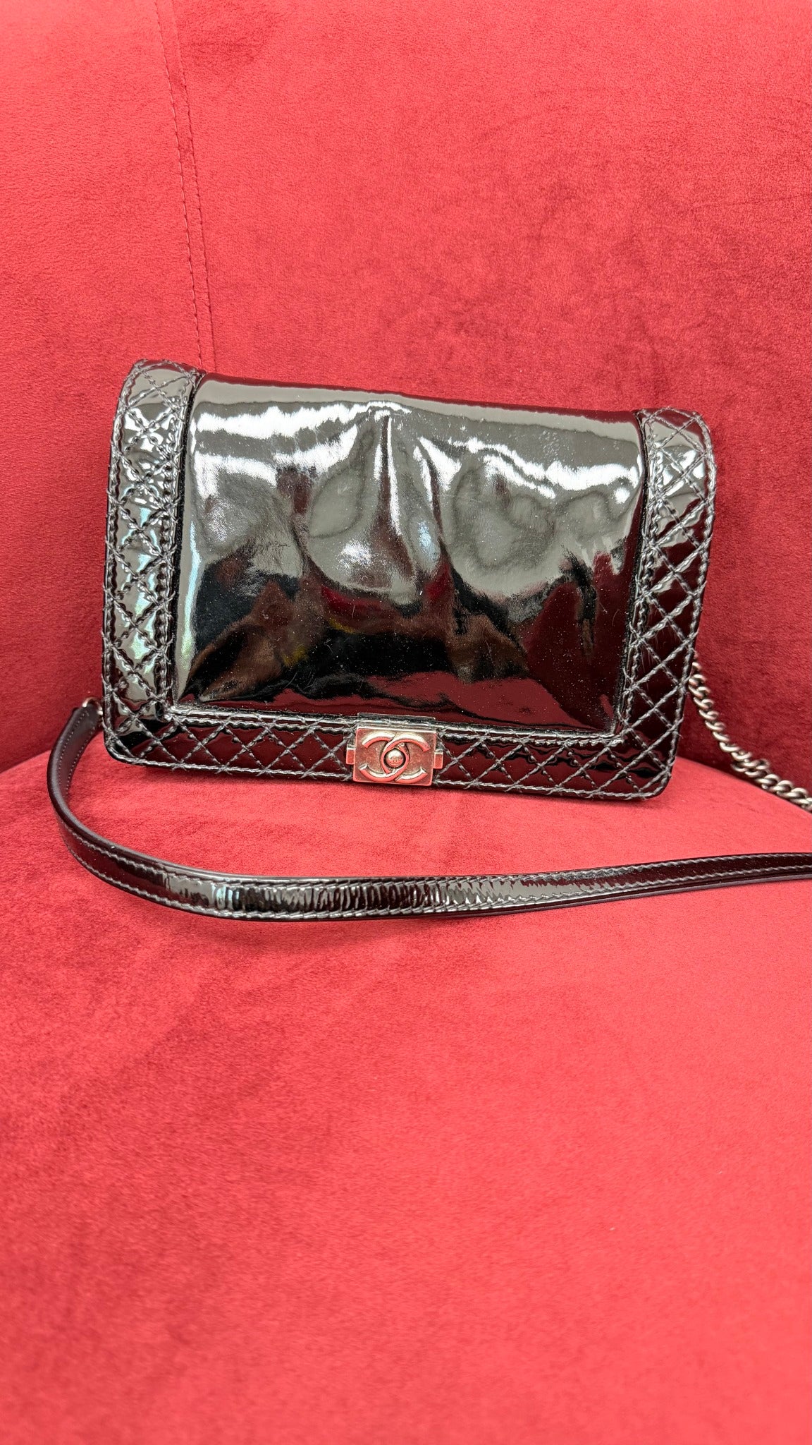 Chanel Black Patent Leather Reverso Boy Flap Bag
