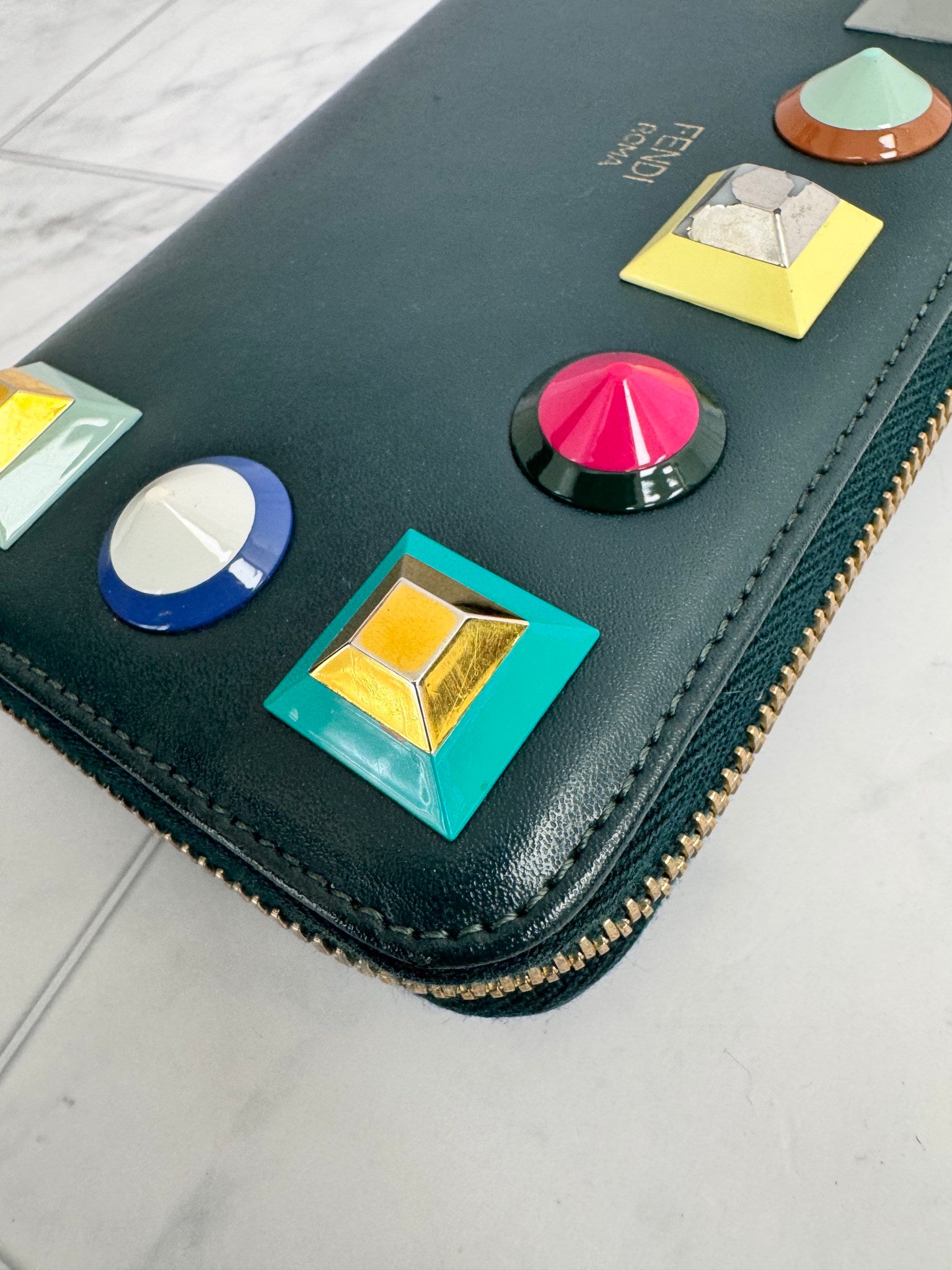 Fendi Green Studded Long Zippy Wallet