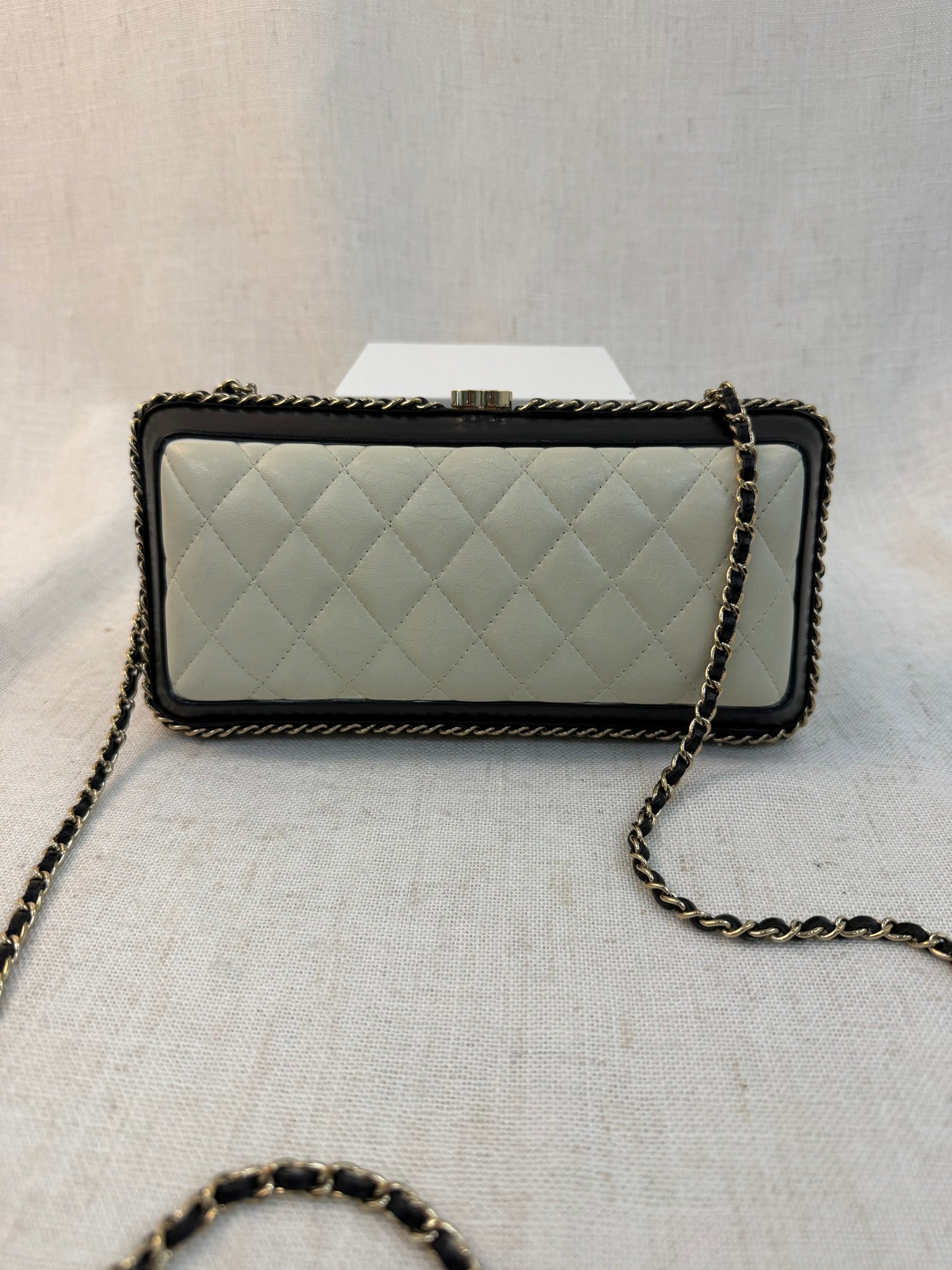 Chanel Black And White Calfskin Chain Around Clutch Bag