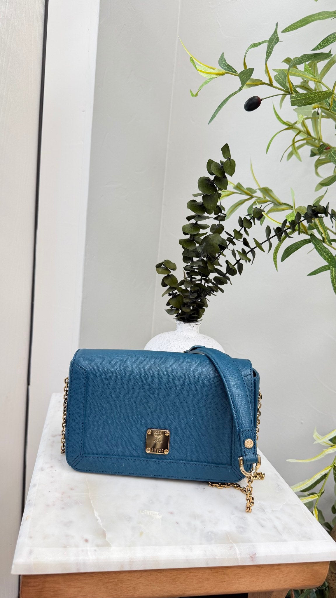 MCM Blue Saffiano Leather Chain Crossbody Bag