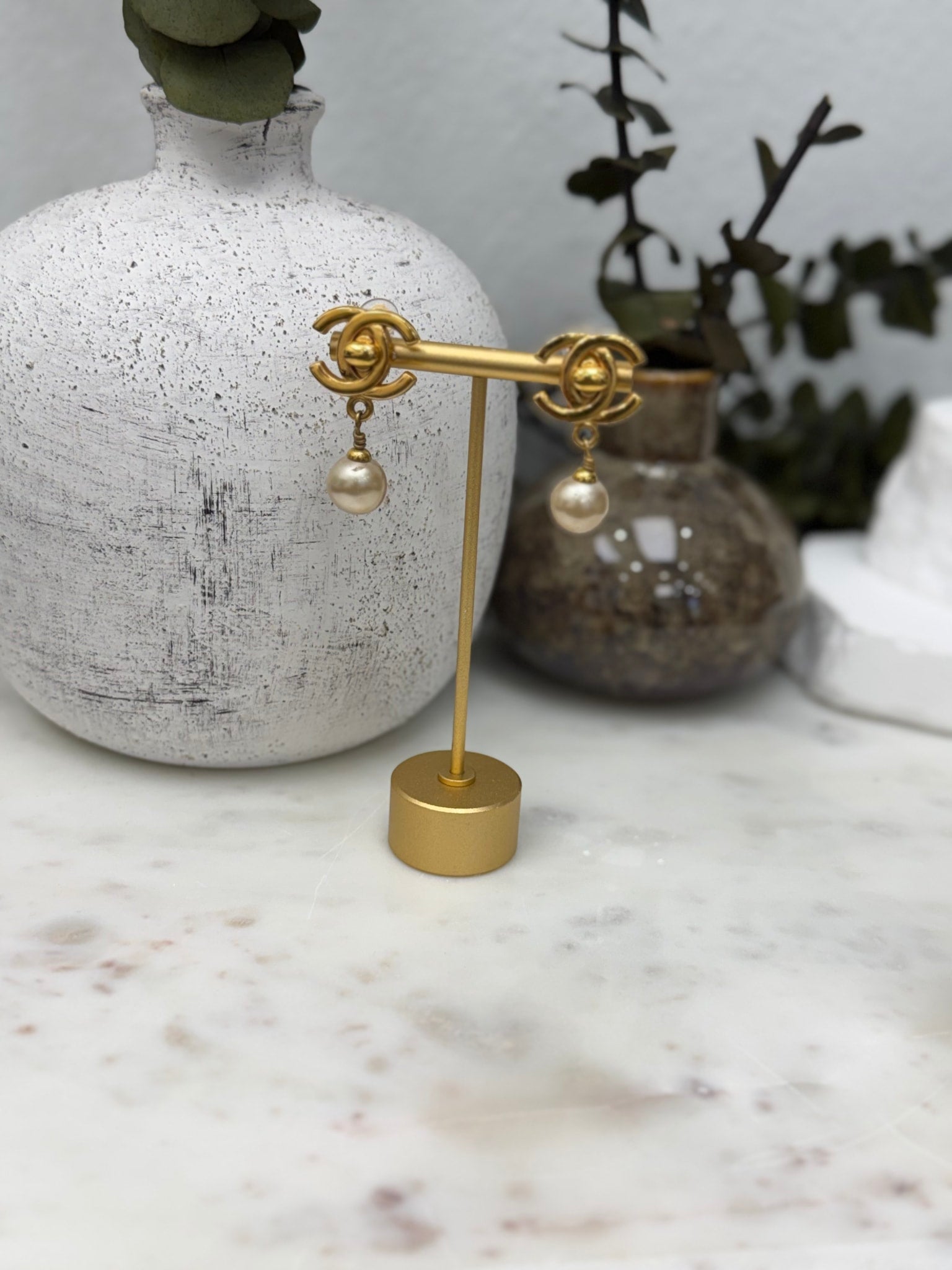 Chanel Vintage Gold Tone & Faux Pearl Turn Lock Clip On Earrings