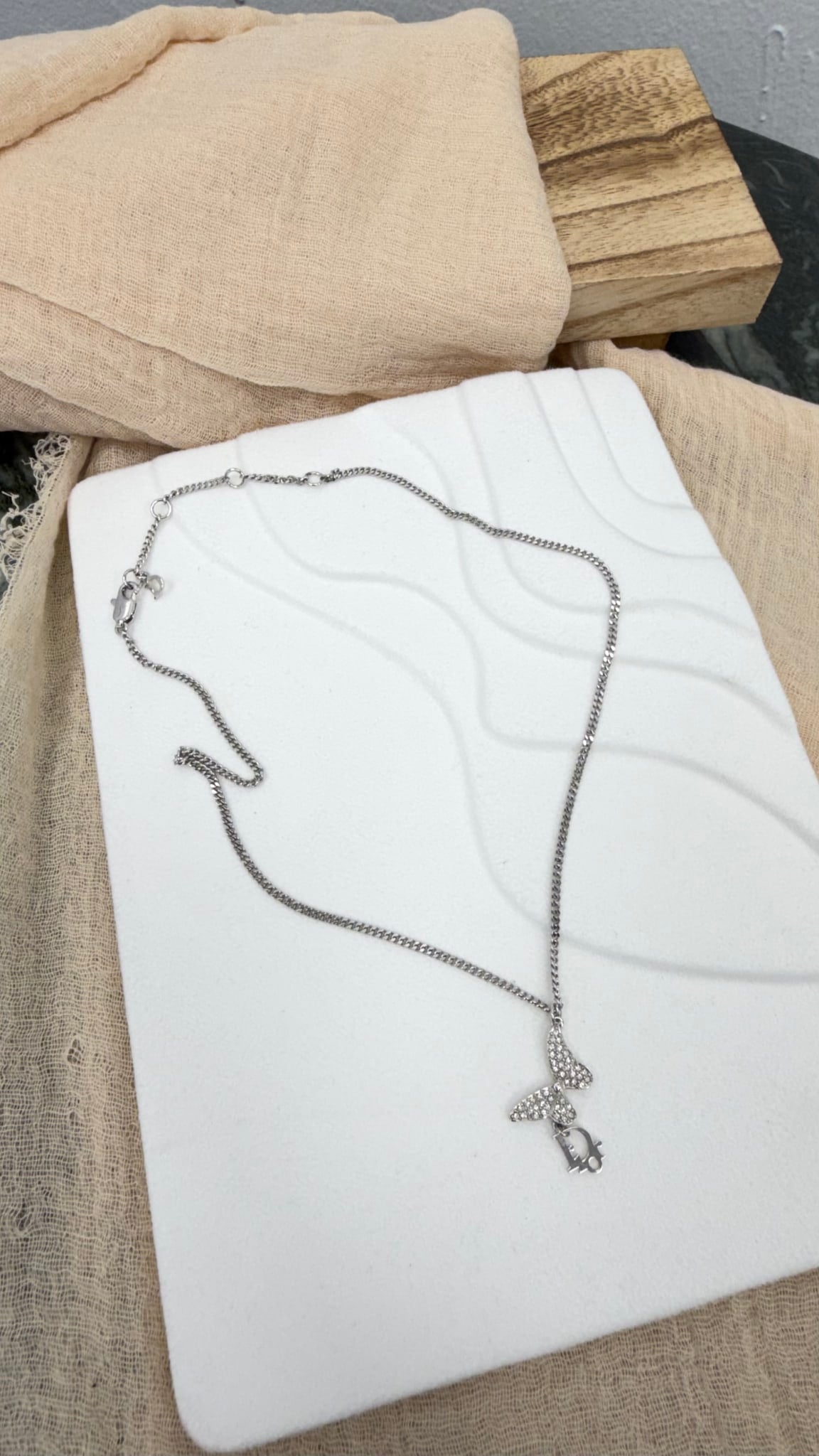 Christian Dior Silver Tone And Rhinestone Butterfly Necklace