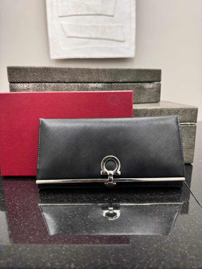 Salvatore Ferragamo Black Leather Long Wallet
