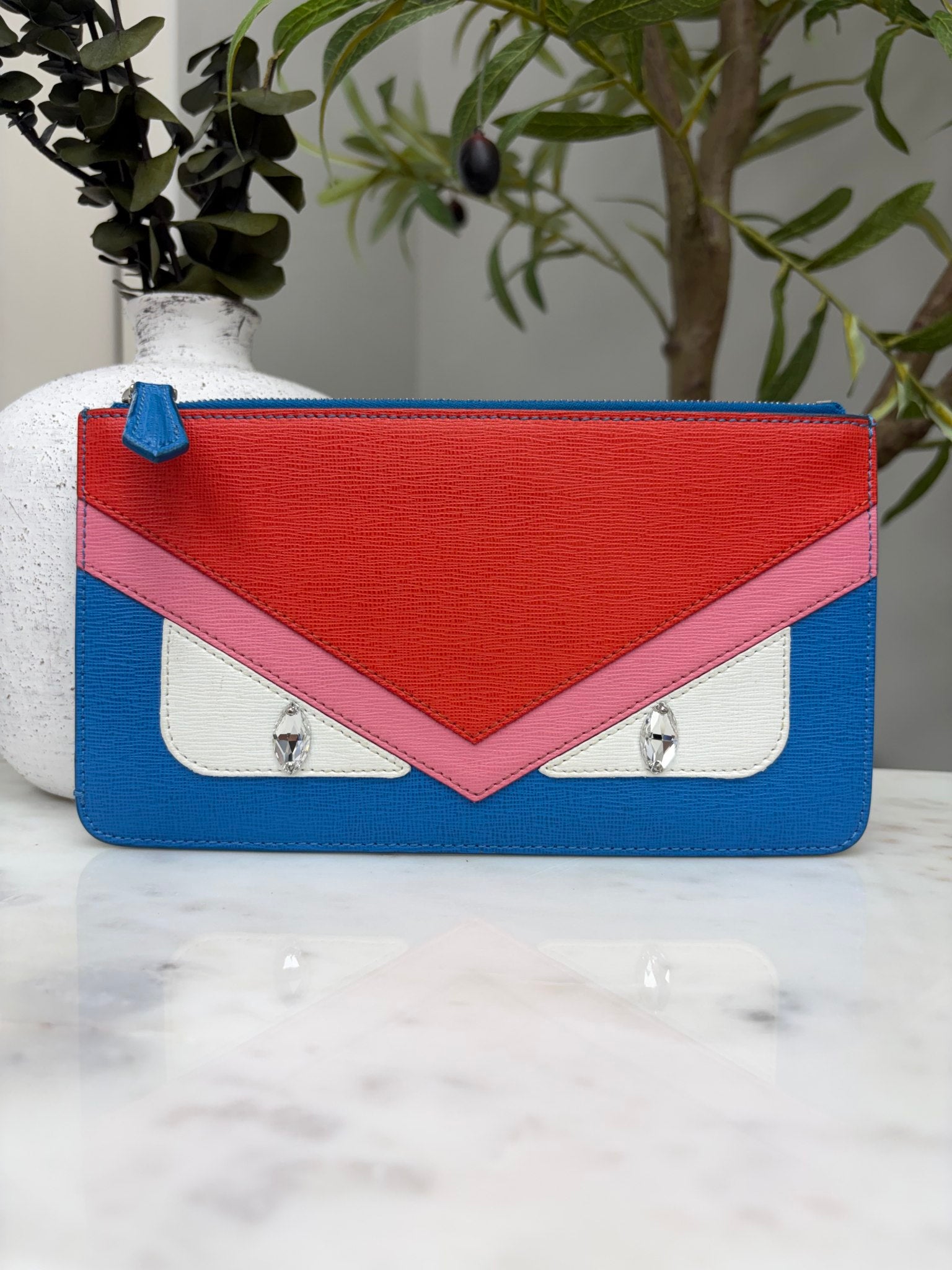 Fendi Blue & Red Leather Crystal Eye Monster Zip Pouch