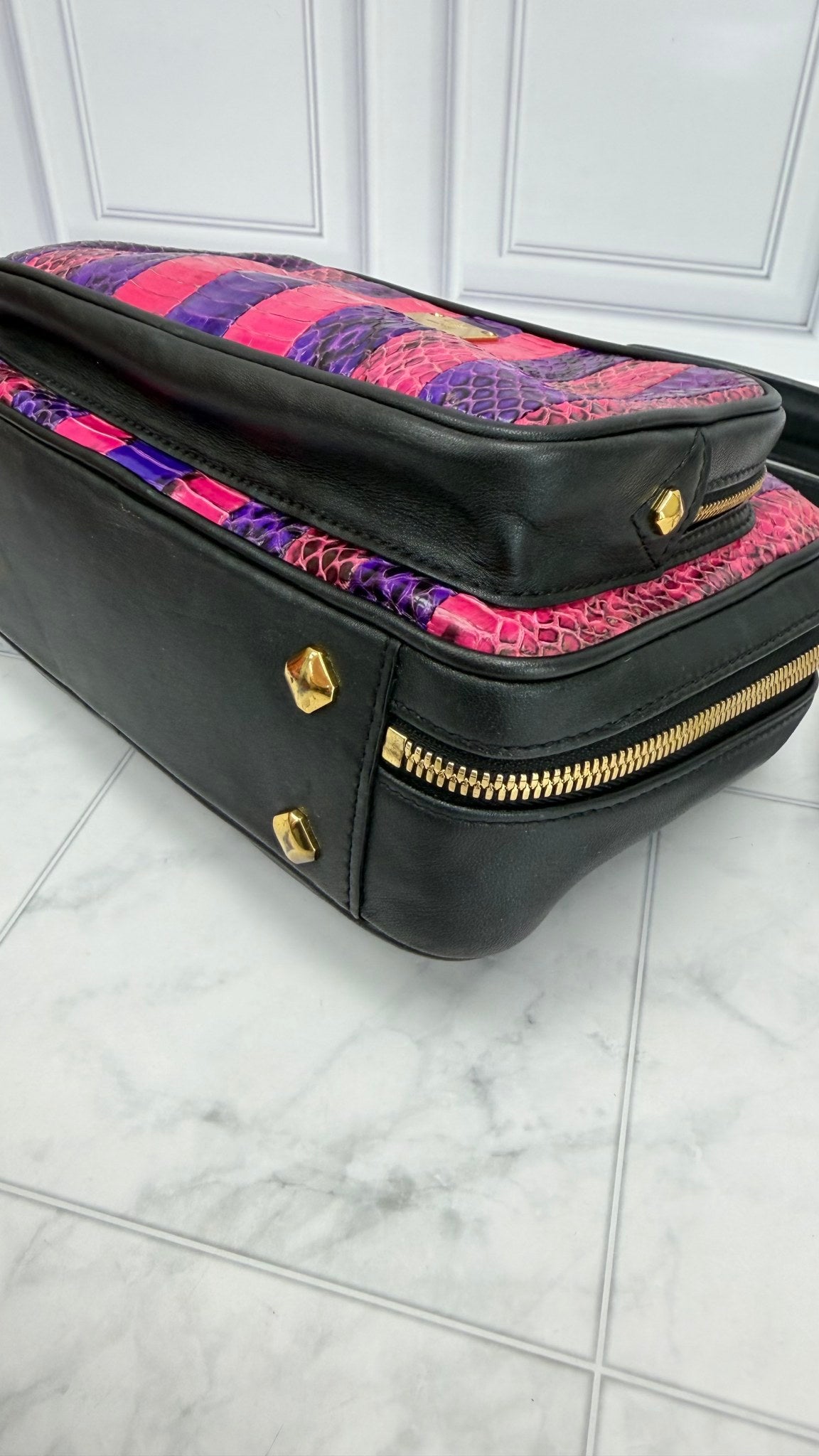 MCM Pink & Purple Striped Snakeskin & Black Leather 2Way Bag