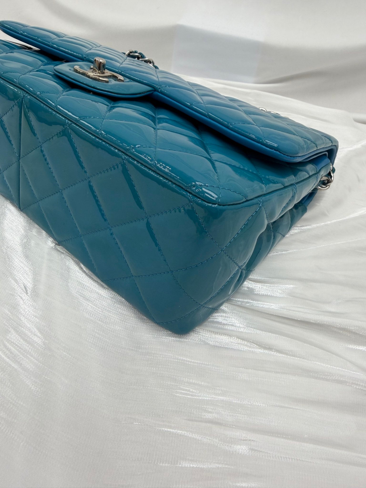 LIKE NEW- Chanel Turquoise Patent Leather Jumbo Double Flap Bag