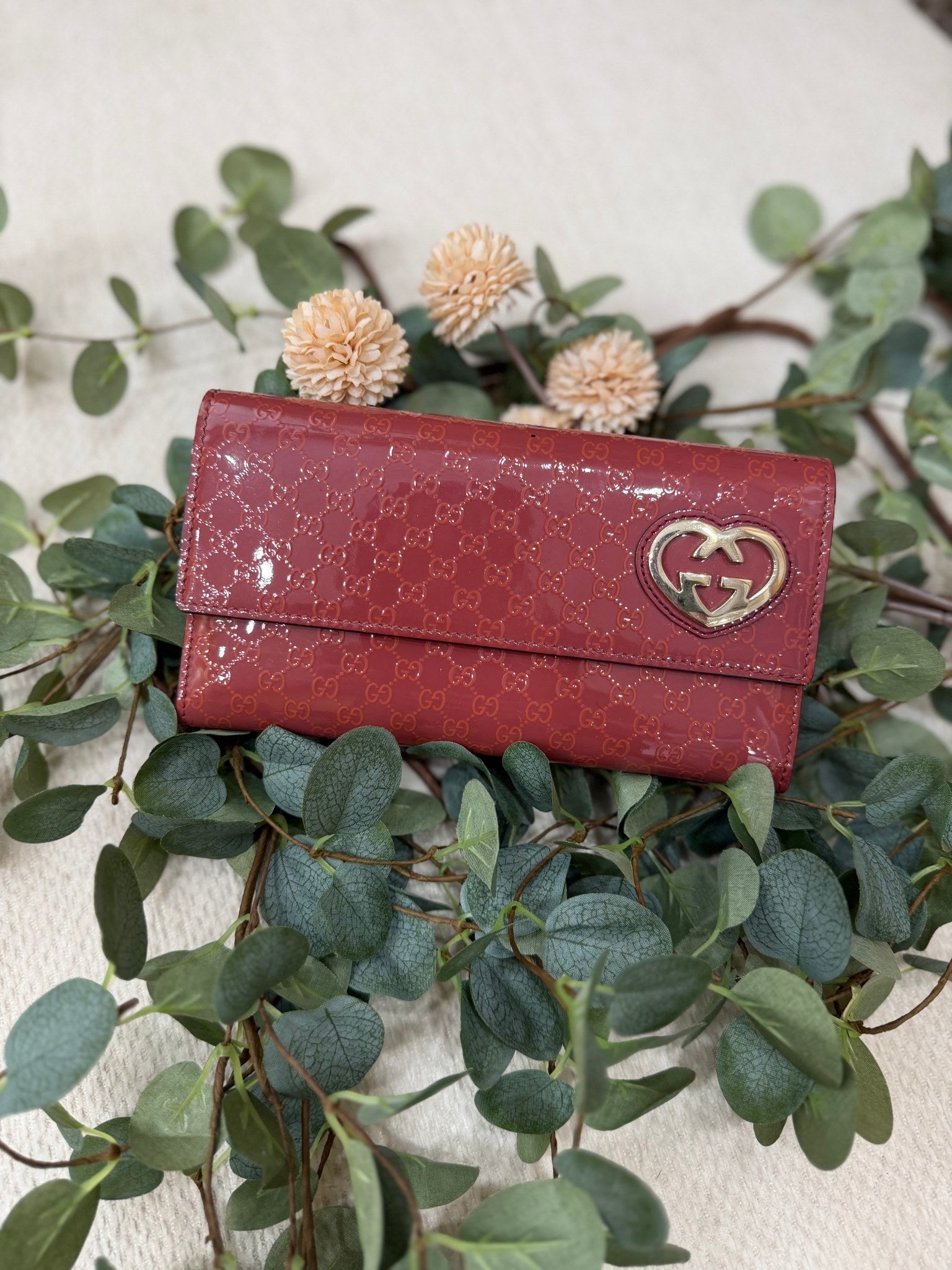 Gucci Rust Red Patent Leather Microguccissima Lovely Heart Long Wallet