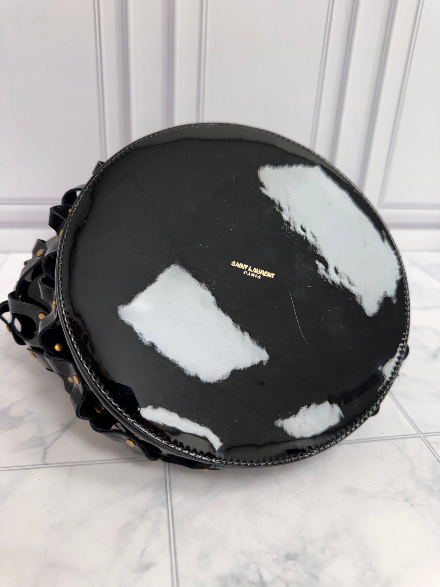 Saint Laurent YSL Black Perforated Patent Leather Seau Bucket Bag