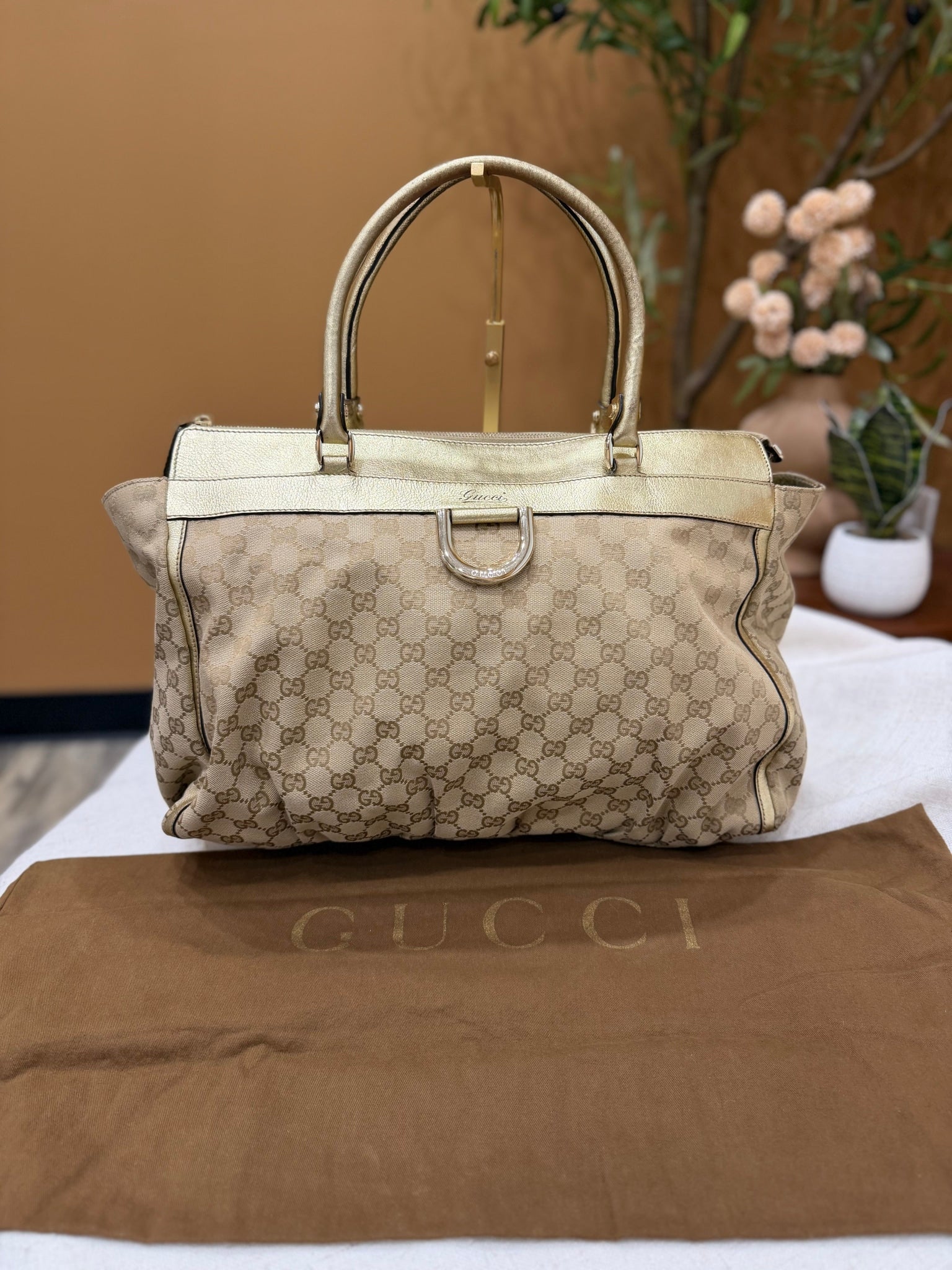 Gucci Brown GG Canvas And Gold Leather Abbey Tote Bag
