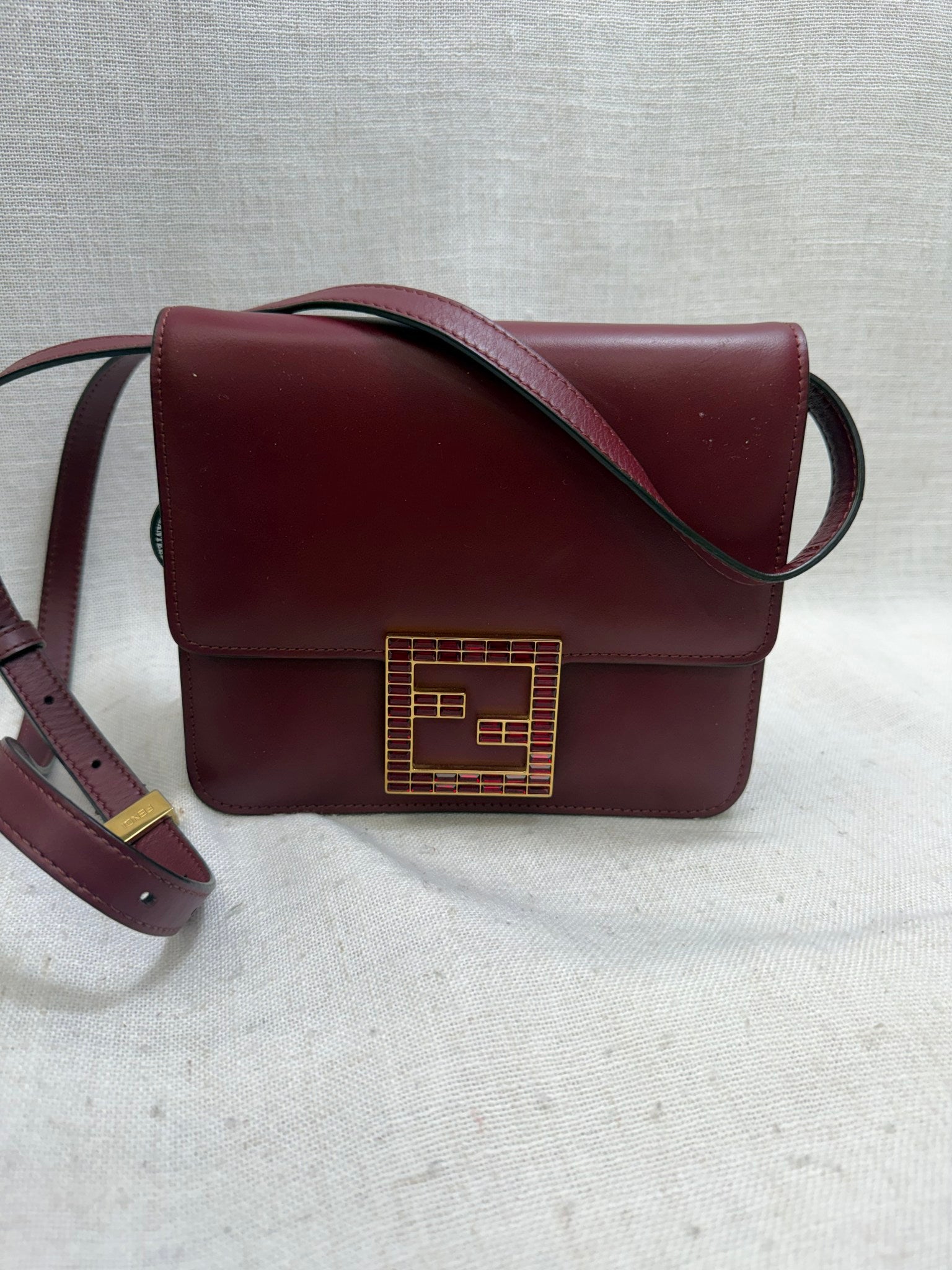 Fendi Burgundy Leather Crystal Fab Shoulder Bag