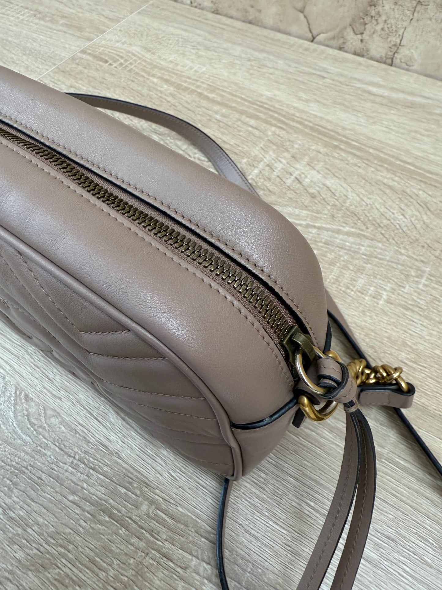 Gucci Porcelain Rose Calfskin Small Marmont Chain Shoulder Bag