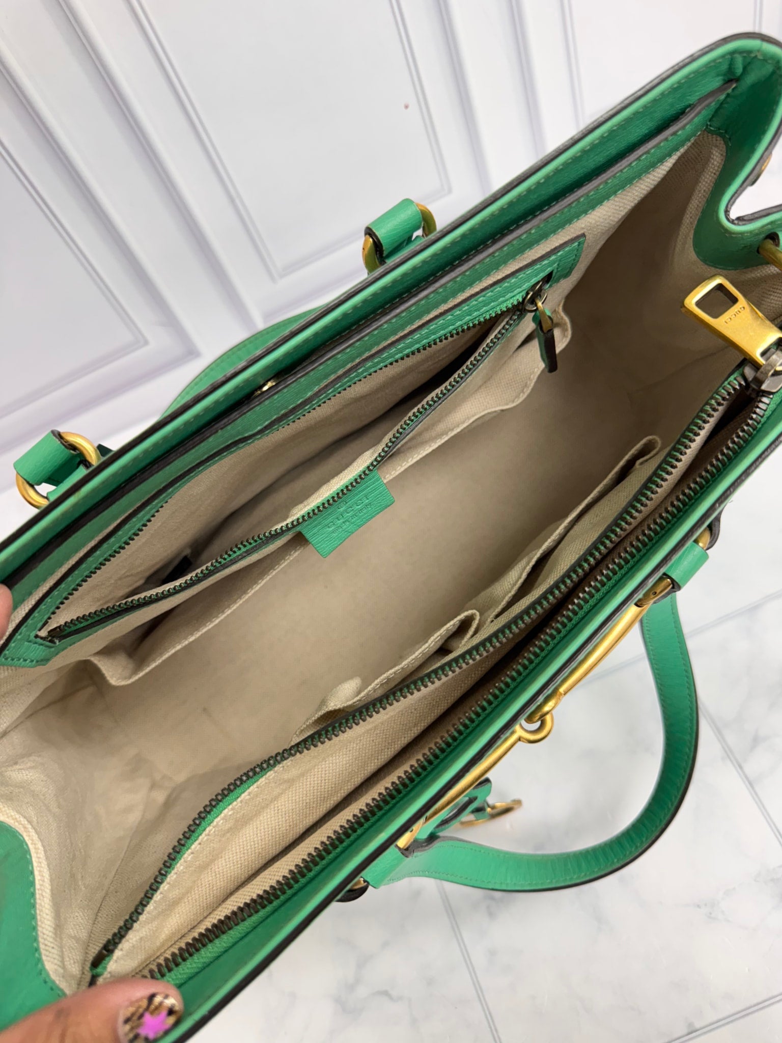 Gucci Green Grained Leather Medium Bright Bit Tote Bag