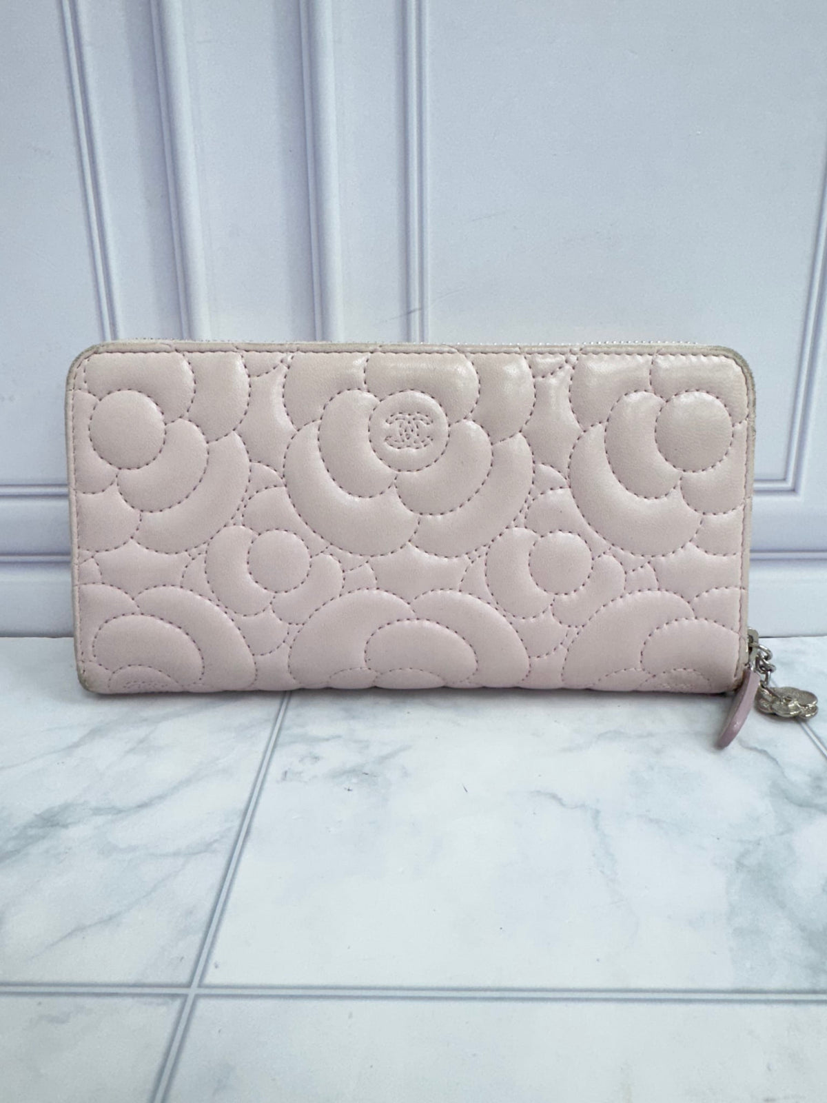 Chanel Pink Camellia Embossed Calfskin Leather Zippy Wallet