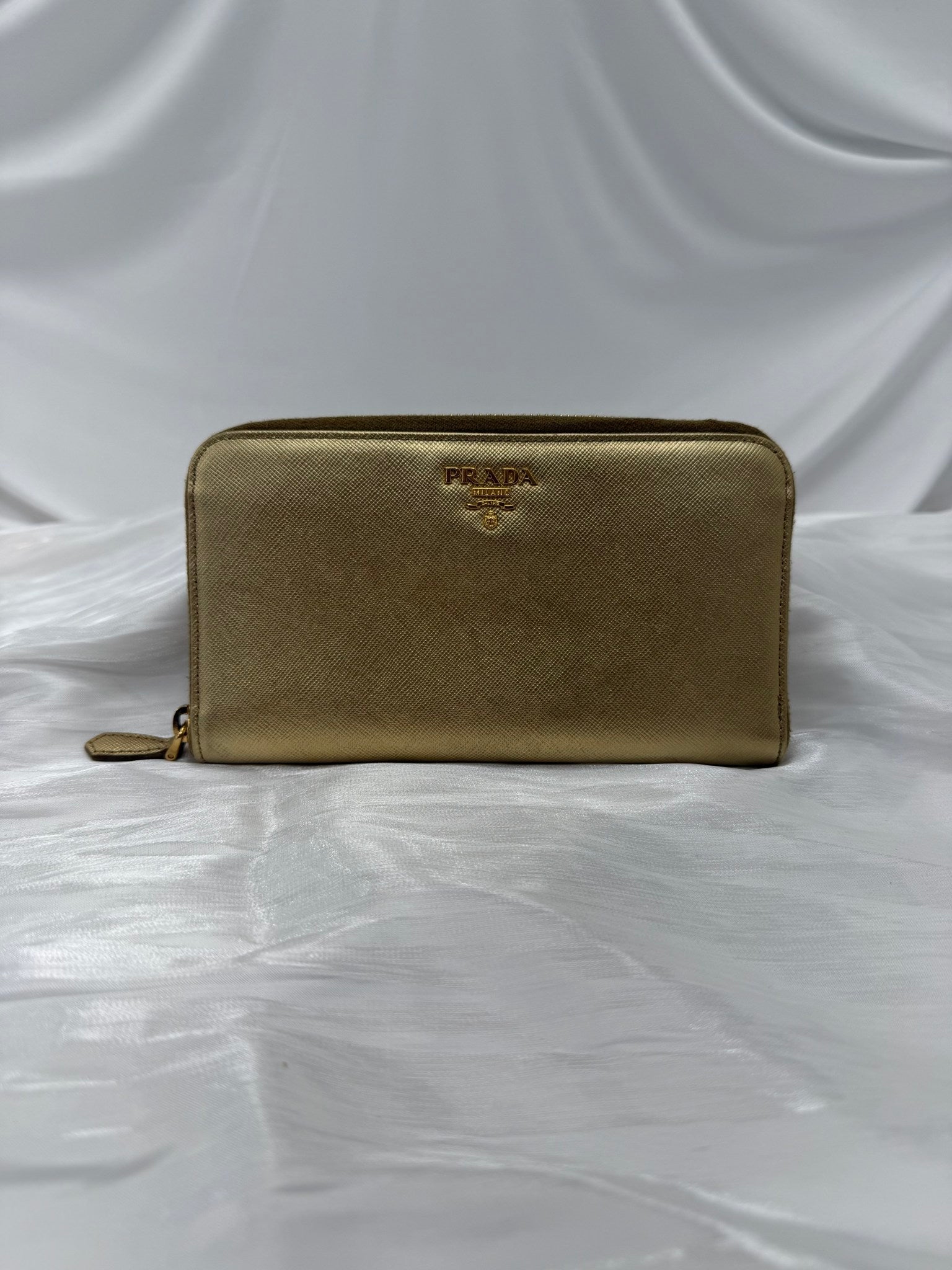 Prada Gold Saffiano Leather Zippy Wallet