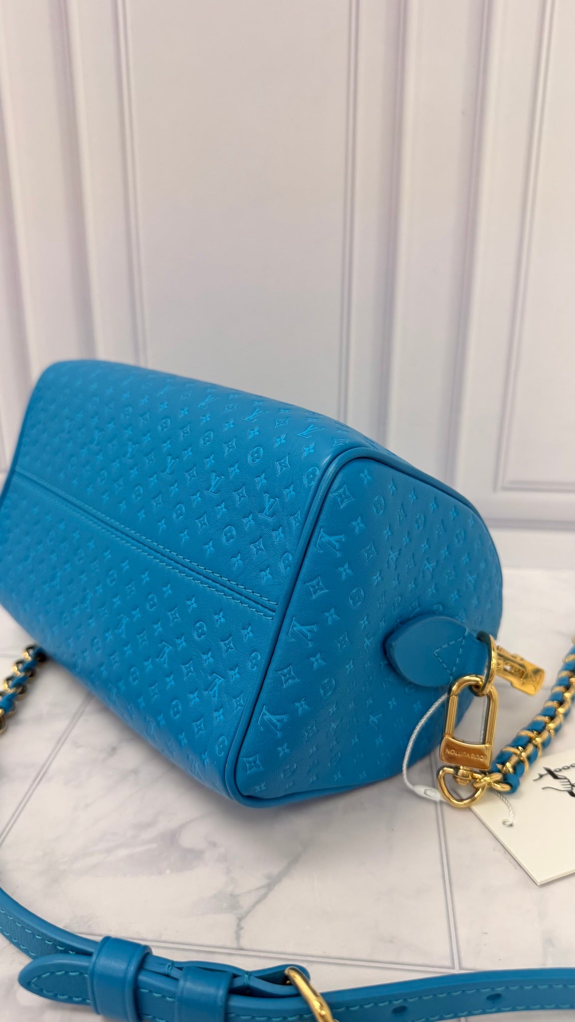 LIKE NEW - Louis Vuitton Bright Blue Calfskin Nanogram Embossed Speedy Bandouliere 20
