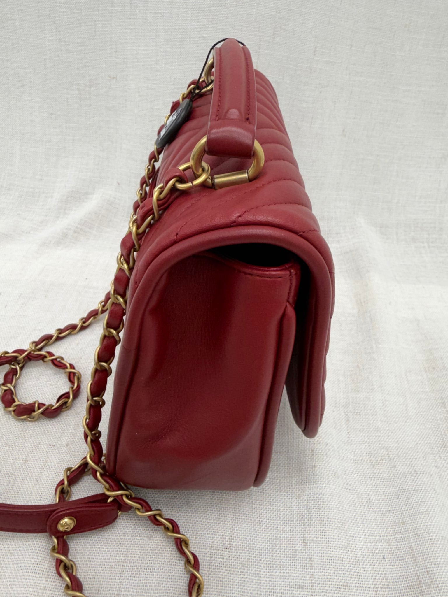 Chanel Red Chevron Lambskin Reversed Round Flap Bag