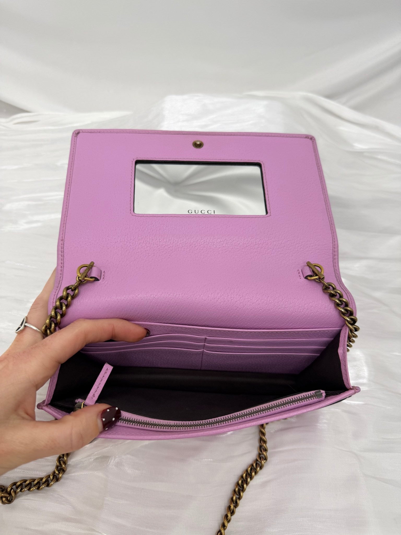 Gucci Pink Leather Marmont Marquise Crystal Wallet on a Chain