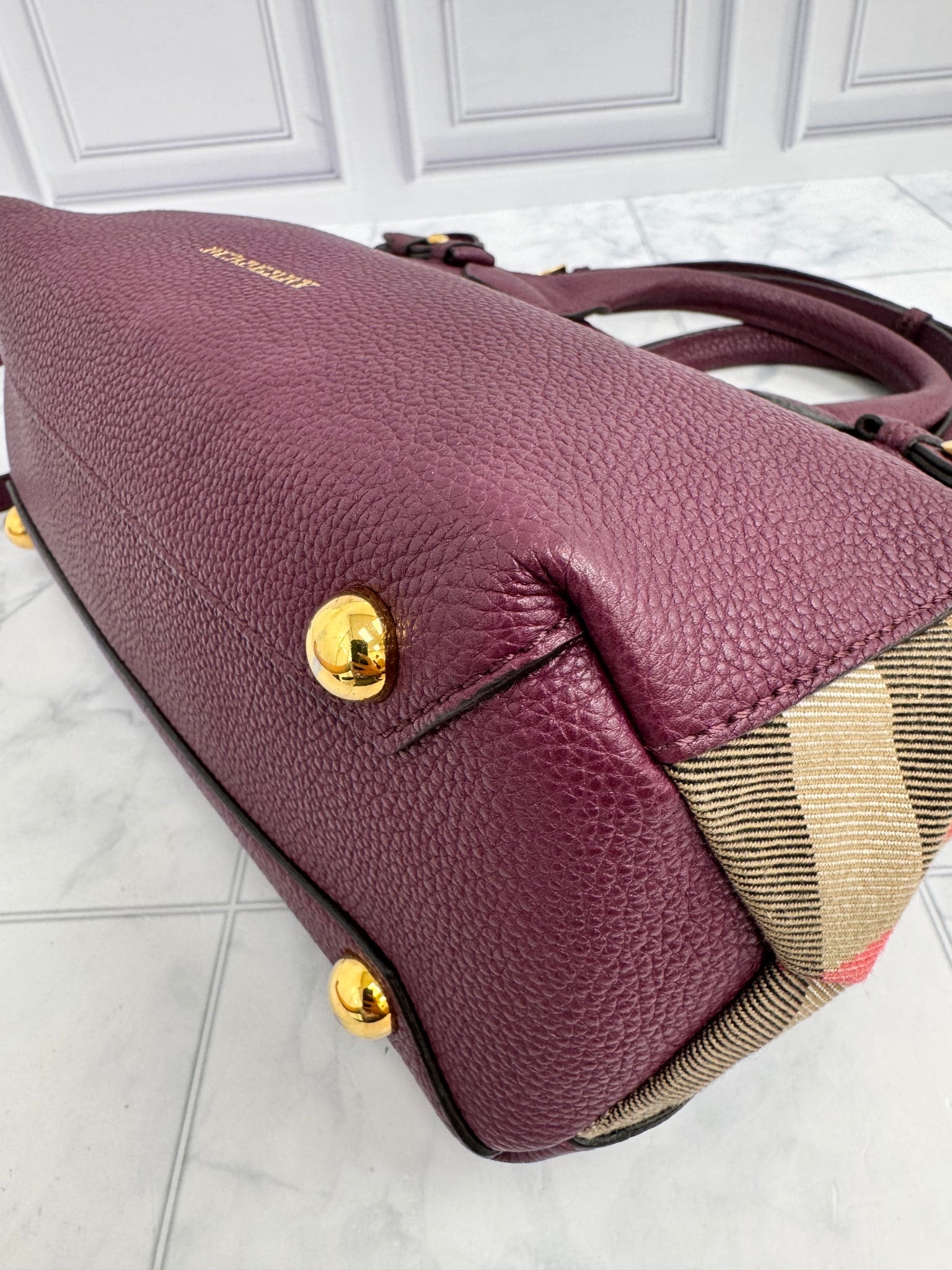 Burberry Maroon Grained Leather Small Tote Bag