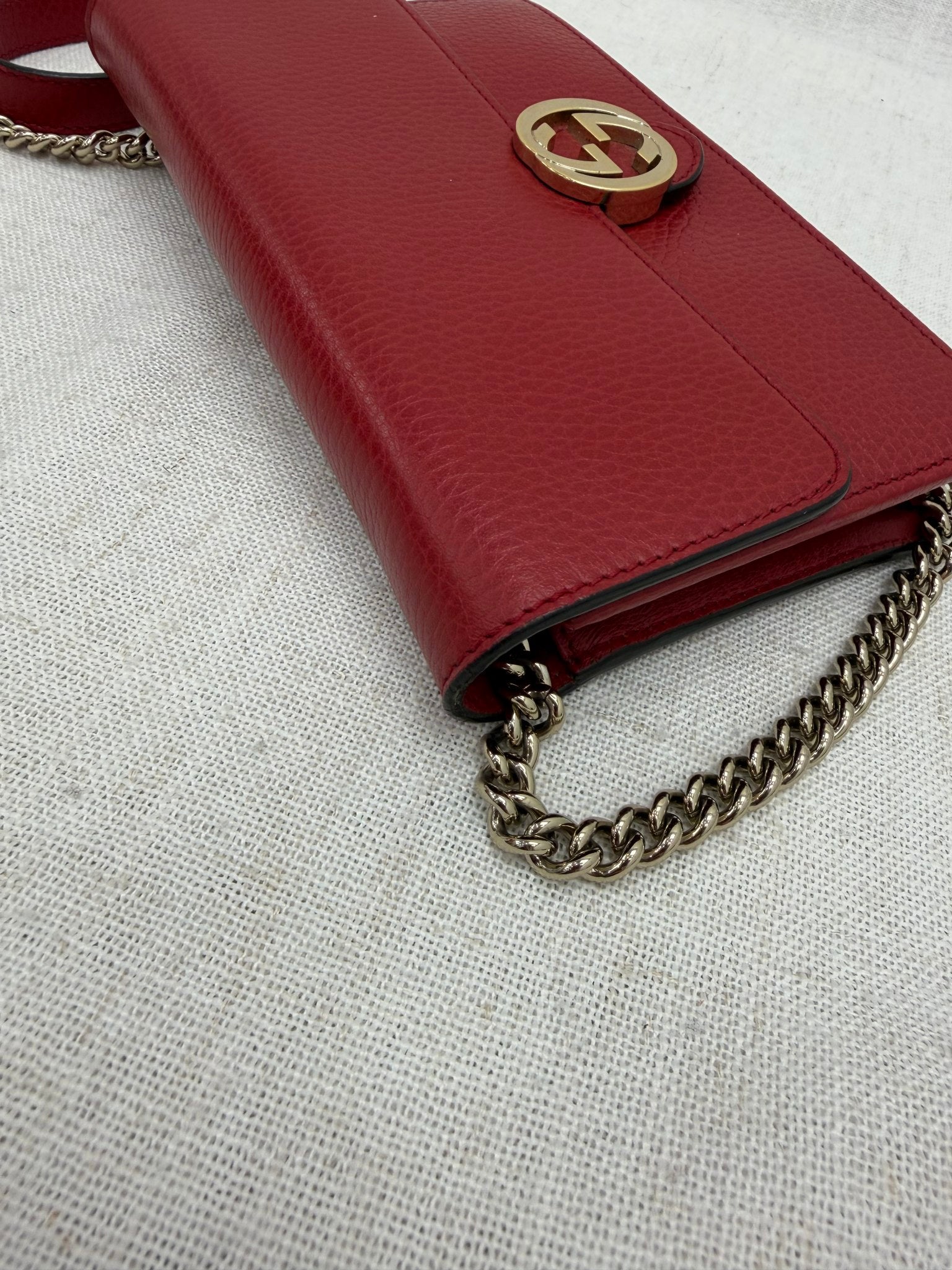 Gucci Red Leather Interlocking G Wallet on a Chain